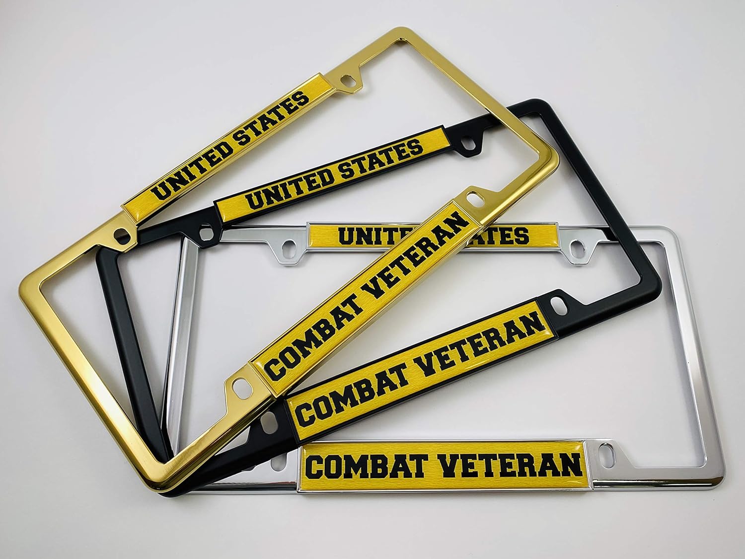U.S. Combat Veteran - Domed Custom-Made Personalized Narrow (Thin) Top 4 Hole Metal Car License Plate Frame with Free caps - Black (Quantity: 1 Frame)