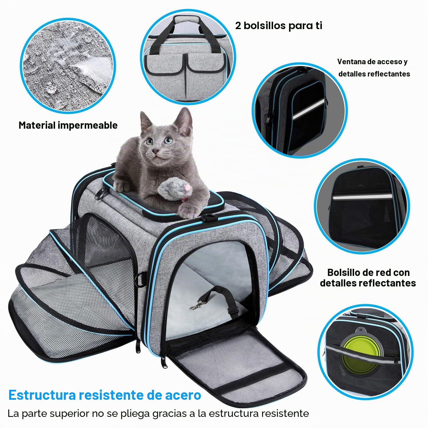 Transportador de mascotas aprobado por aerolíneas, transportador grande y suave para mascotas, transportador plegable de 4 lados expandible para gatos con almohadilla de forro polar extraíble