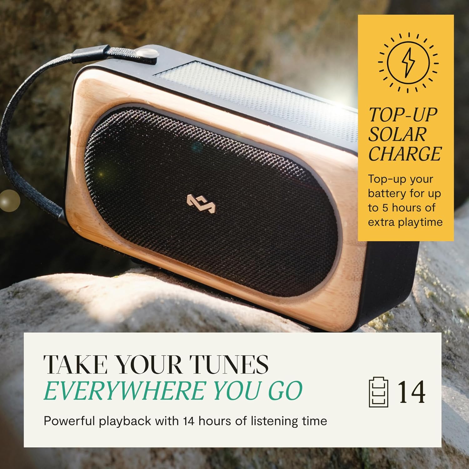 House of Marley Roots Solar Speaker - Portable Bluetooth, IP67 Water-Resistant, 14 Hr Playtime, Solar Charging, Quick Charge, Bottle Opener, Stereo Pair, Eco-Friendly Bamboo Design (Signature Black) - Image 4