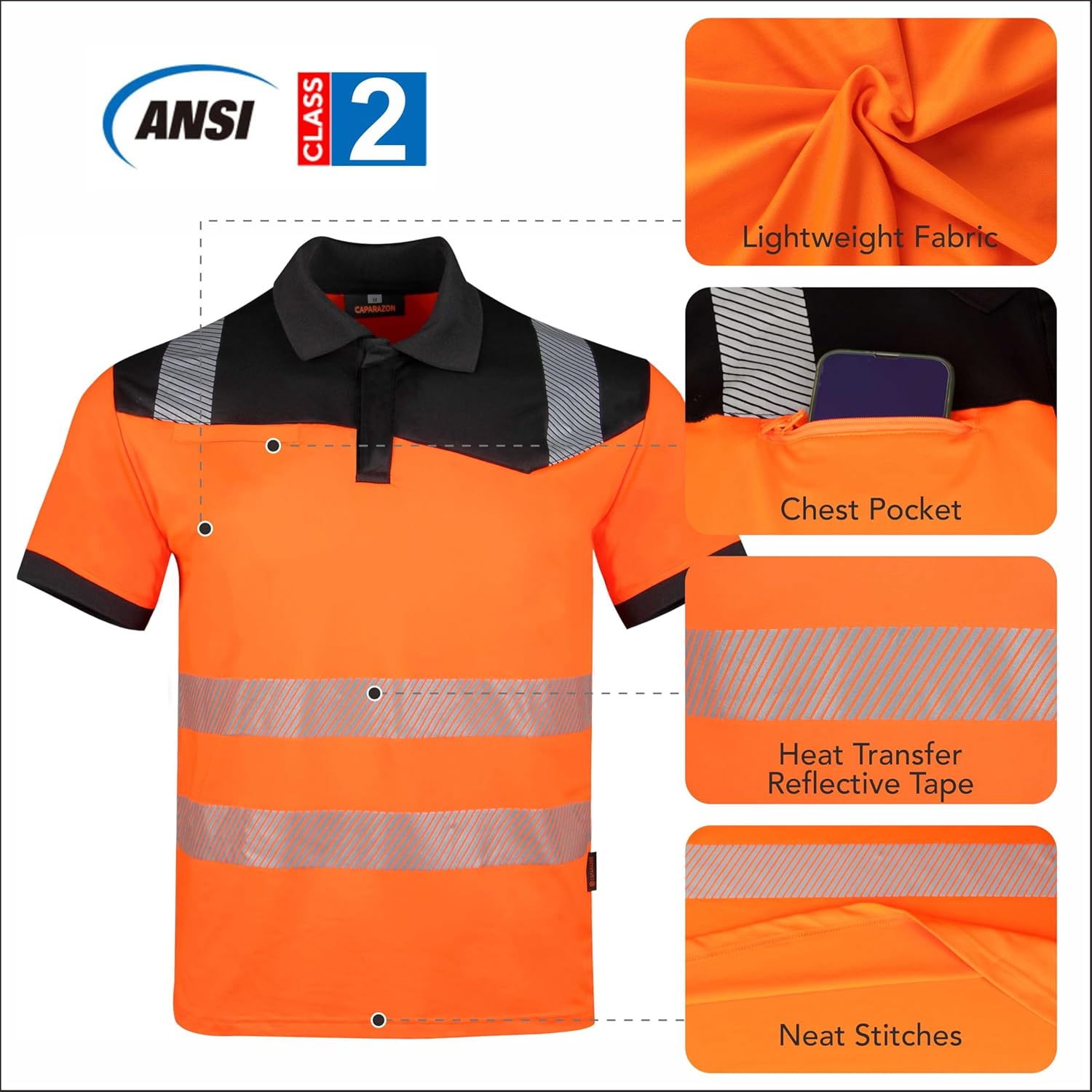 caparazon ANSI 107 High-Visibility Safety Polo Shirts Reflective Work Polo - Image 2