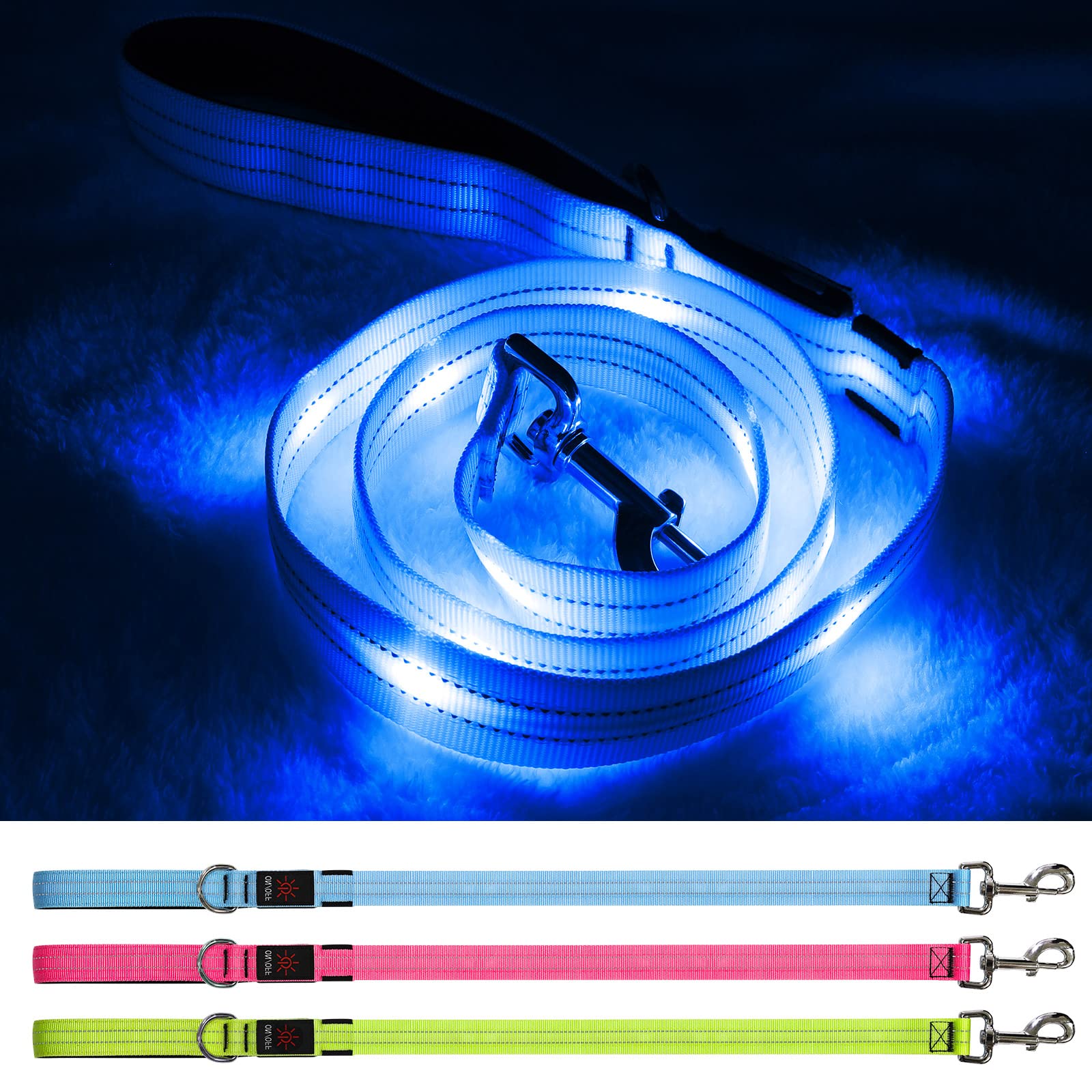 Blinlit Led Light Up Dog Leash - 4 Ft Rechargeable Waterproof Nylon Reflective With Padded Handle for Night Walking, Safety Glow in The Dark for Large