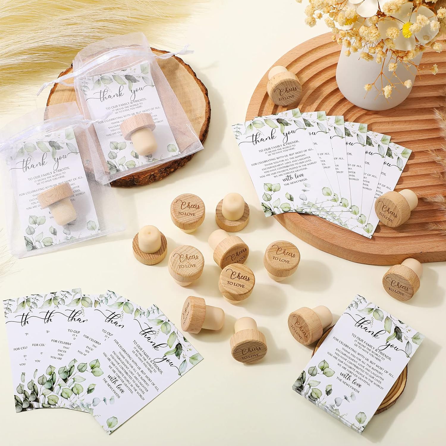 Didaey 50 Sets Wedding Favors Wine Corks with Greenery Wood Wine Stopper Wedding Gifts Thank You Cards White Organza Bag Cheers to Love Stopper for Guest Baby Shower Party Gift Dinner Decors