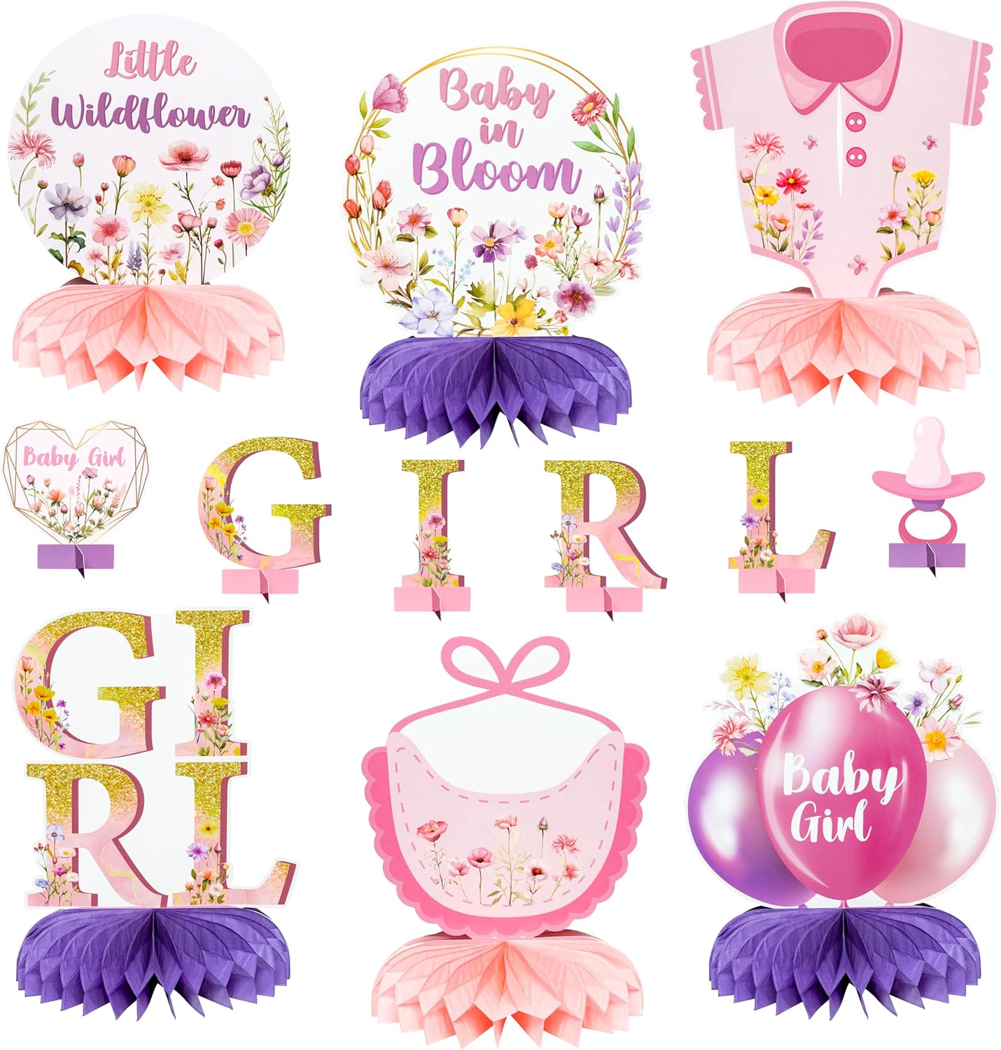 ANGOLIO Baby Girl Honeycomb Centerpieces for Birthday Party - Spring Easter Gift 12 Pink Floral Baby in Bloom Table Decorations for Baby Shower Cute Wildflower Table Display Gender Reveal Supplies