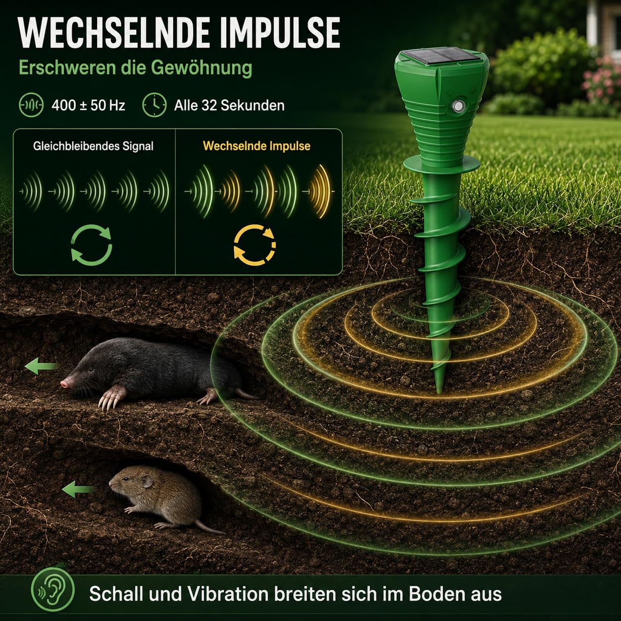 MEKEET Maulwurf Vertreiber Solar 4er Set, Maulwurfschreck mit Ultraschall & Vibration, IP65 Wühlmausschreck Solar zum Wühlmaus Vertreiben für Garten, Rasen und Beete
