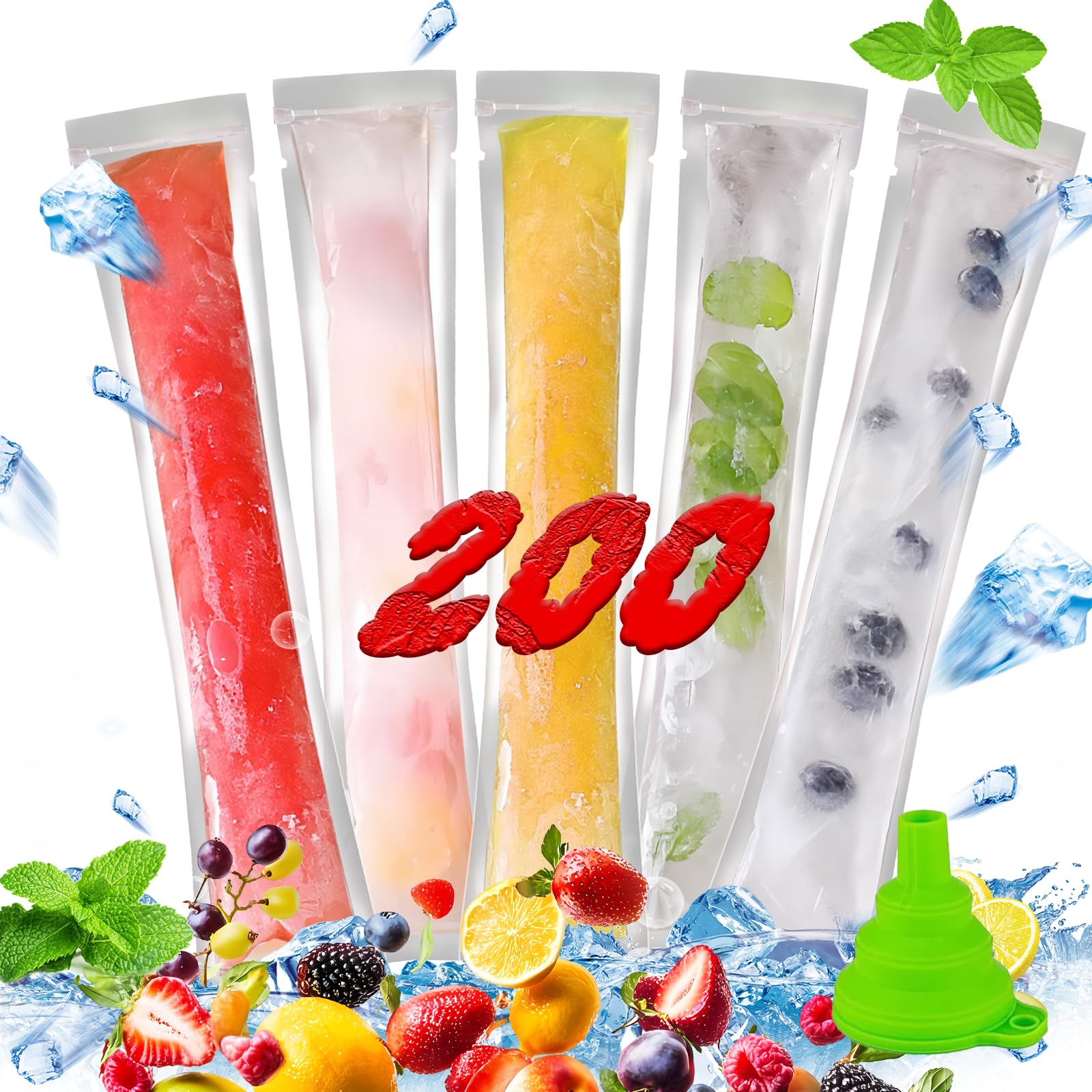 200 Sachets à Glace Réutilisables + Entonnoir - Pour Popsicles Maison, 28x5.5 Cm