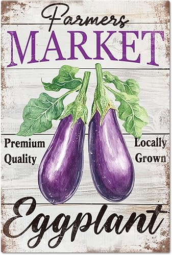GLOBLELAND Letrero de metal con texto en inglés «Farmers Market de calidad prémium cultivada localmente berenjenas», letrero de metal vintage de