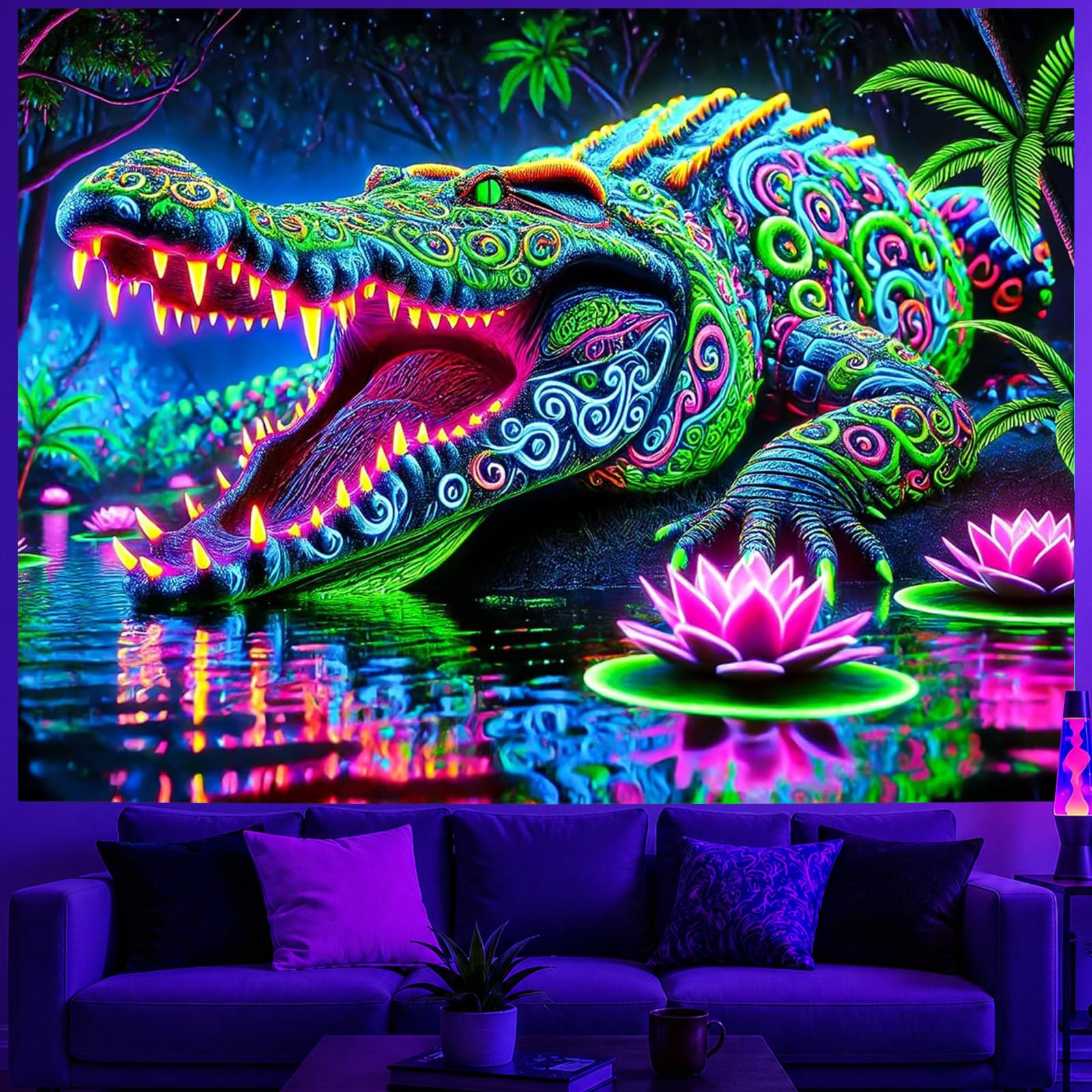 BlissYard Blacklight Tapestry Jungle Alligator UV Backdrop 78 x 59 Inch