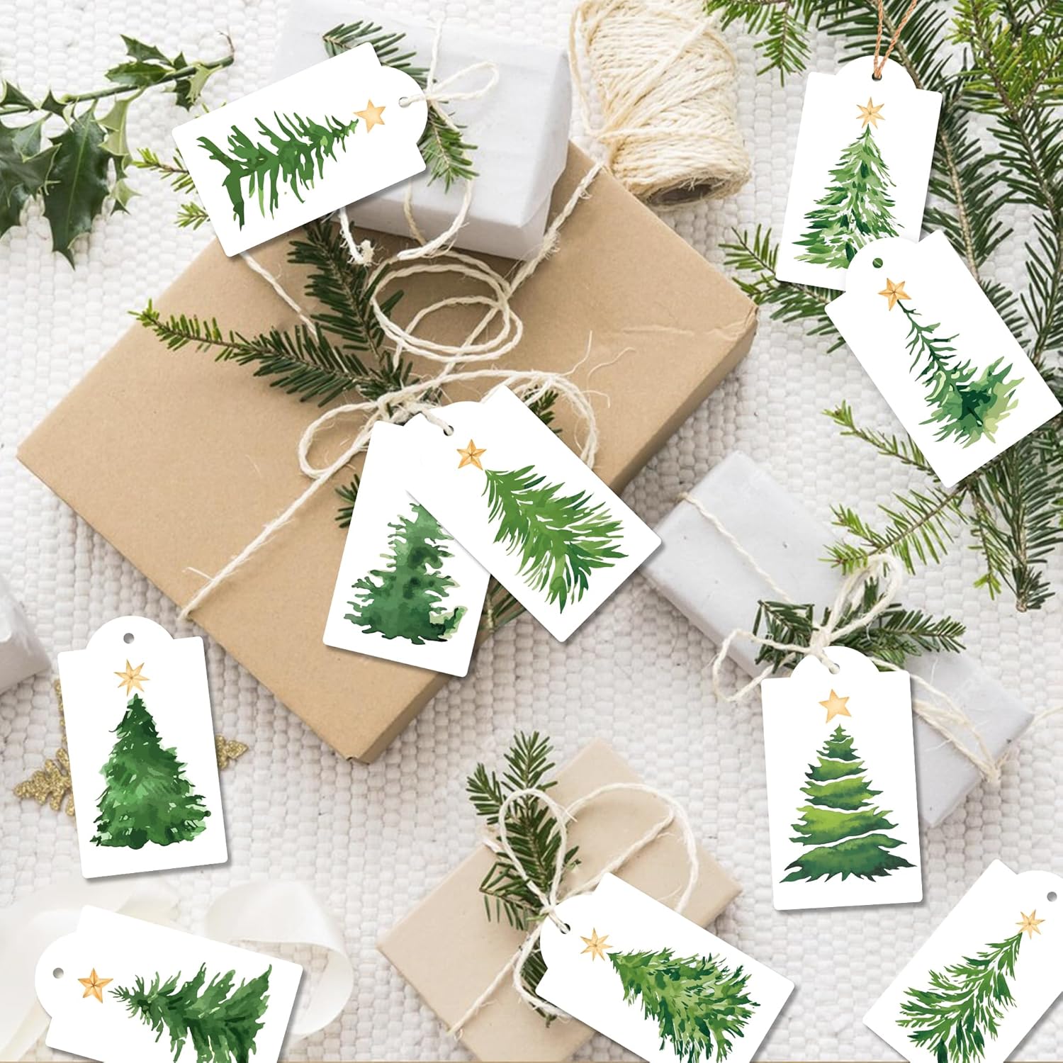 120 Pcs Christmas Tree Gift Tags with Hemp Rope Green Watercolor Christmas Tree Paper Tags Winter Holiday Hanging Name Labels for Xmas Party Favor Present Decoration - Image 3