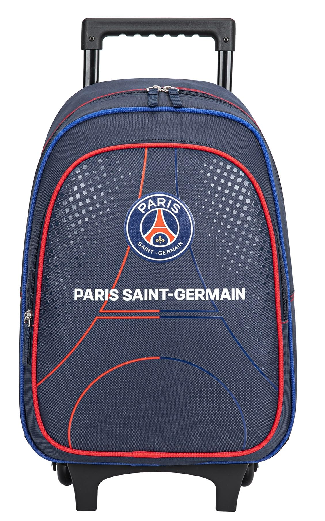 PSG Paris Saint-Germain - Mochila escolar con ruedas para niño | Colección Oficial PSG, Trolley Extensible, Ruedas Integradas, Correas Acolchadas, Azul Marino y Rojo
