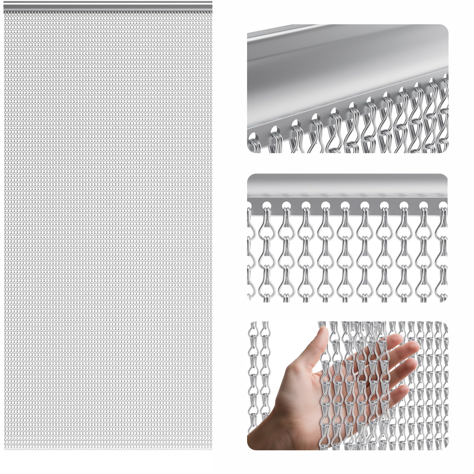 Soontrans Rideau Anti Mouche pour Exterieure, Rideau de porte en Aluminium 90 x 210cm, Rideaux Anti Mouche, Moustiquaire Métallique, Rideau à chaîne pour Les Insectes, Les Mouches, Les Guêpes(argent)