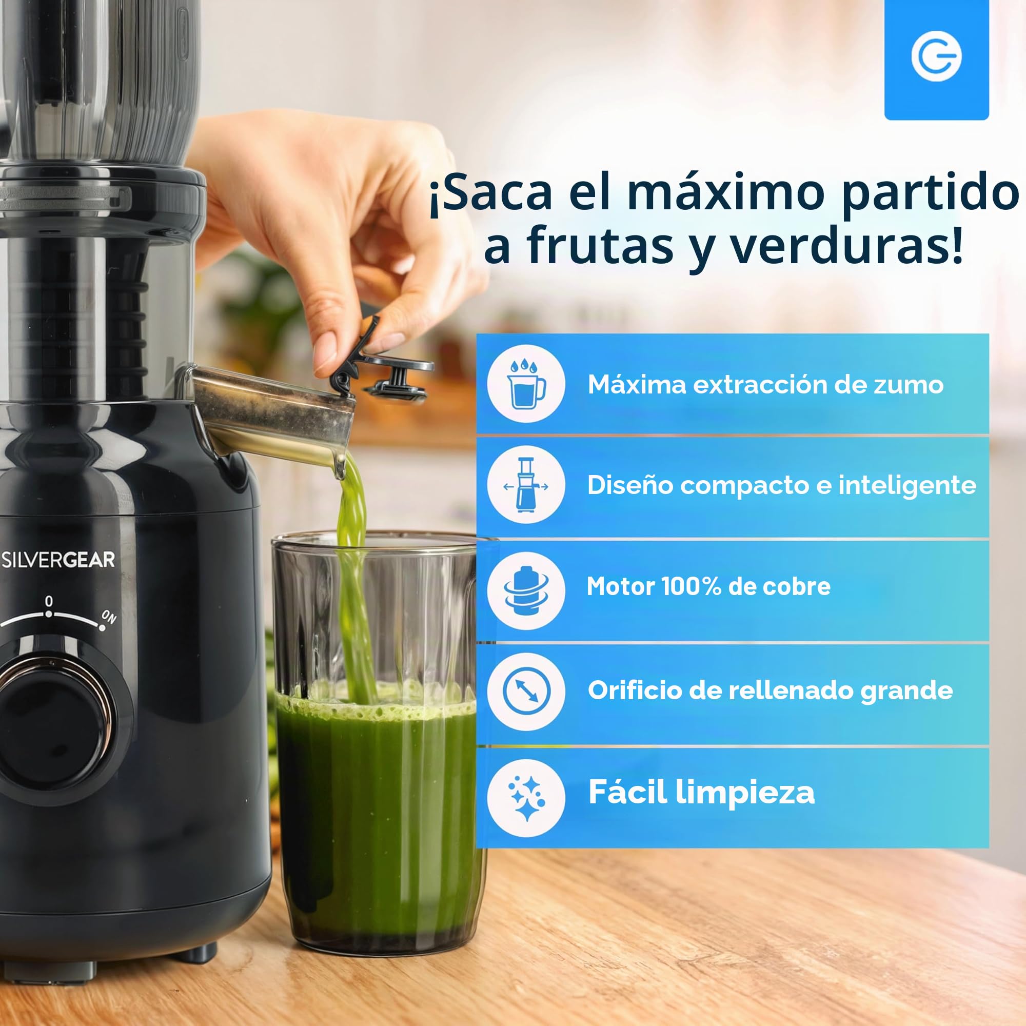 Silvergear® Licuadora | Extractor de Zumos y Verduras | Slowjuicer 250 W | Extractor 103 mm Apertura | Slowjuicer Potente Motor a 60 rpm | 2x Envases de 450 ml | Negro