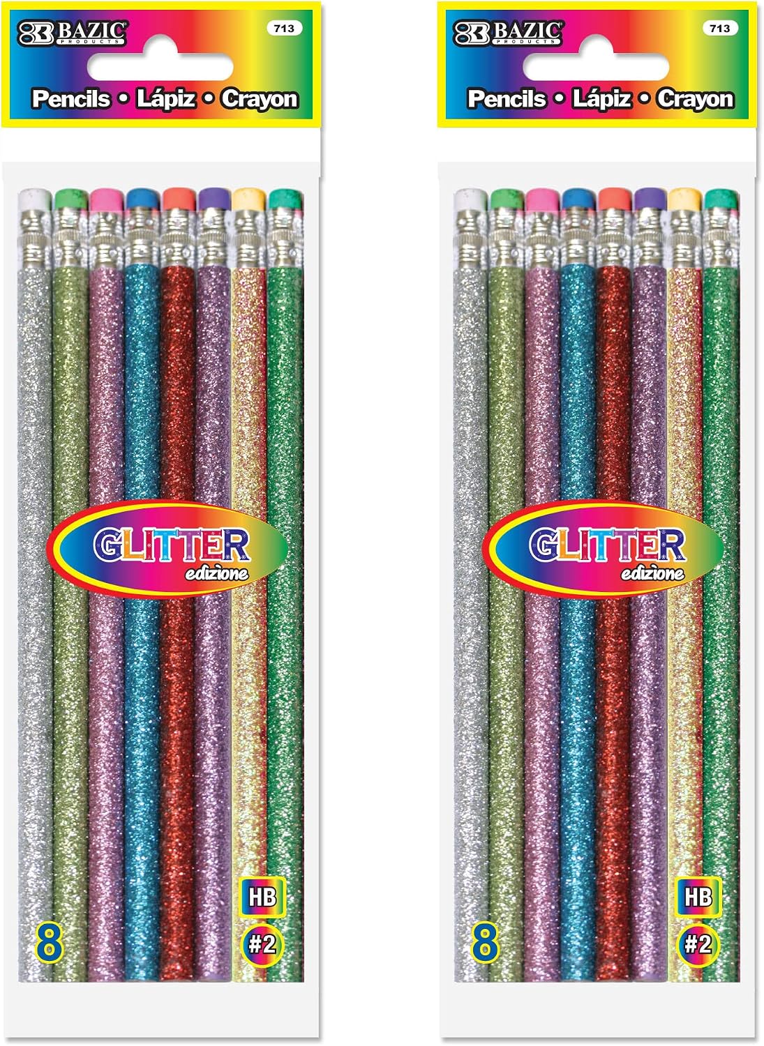 BAZIC Wood Pencil Glitter Metallic Pencils, Latex Free Eraser, Unsharpened Rewards Glitter Pencil for Kids Student Artist (8/Pack), 2-Packs