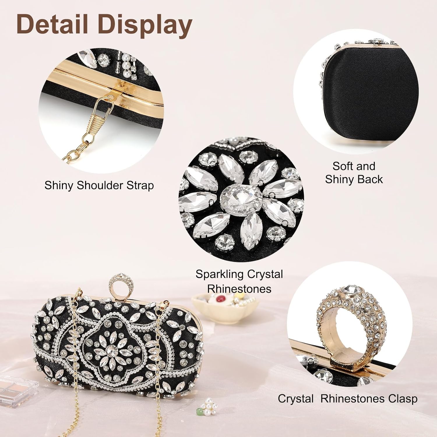 Evening Bags Clutch Purses for Women Formal, Beaded Clutch Rhinestone Handbags Shoulder Bag with Chain Sparkly for Wedding Bride Guest Party Black - Image 4