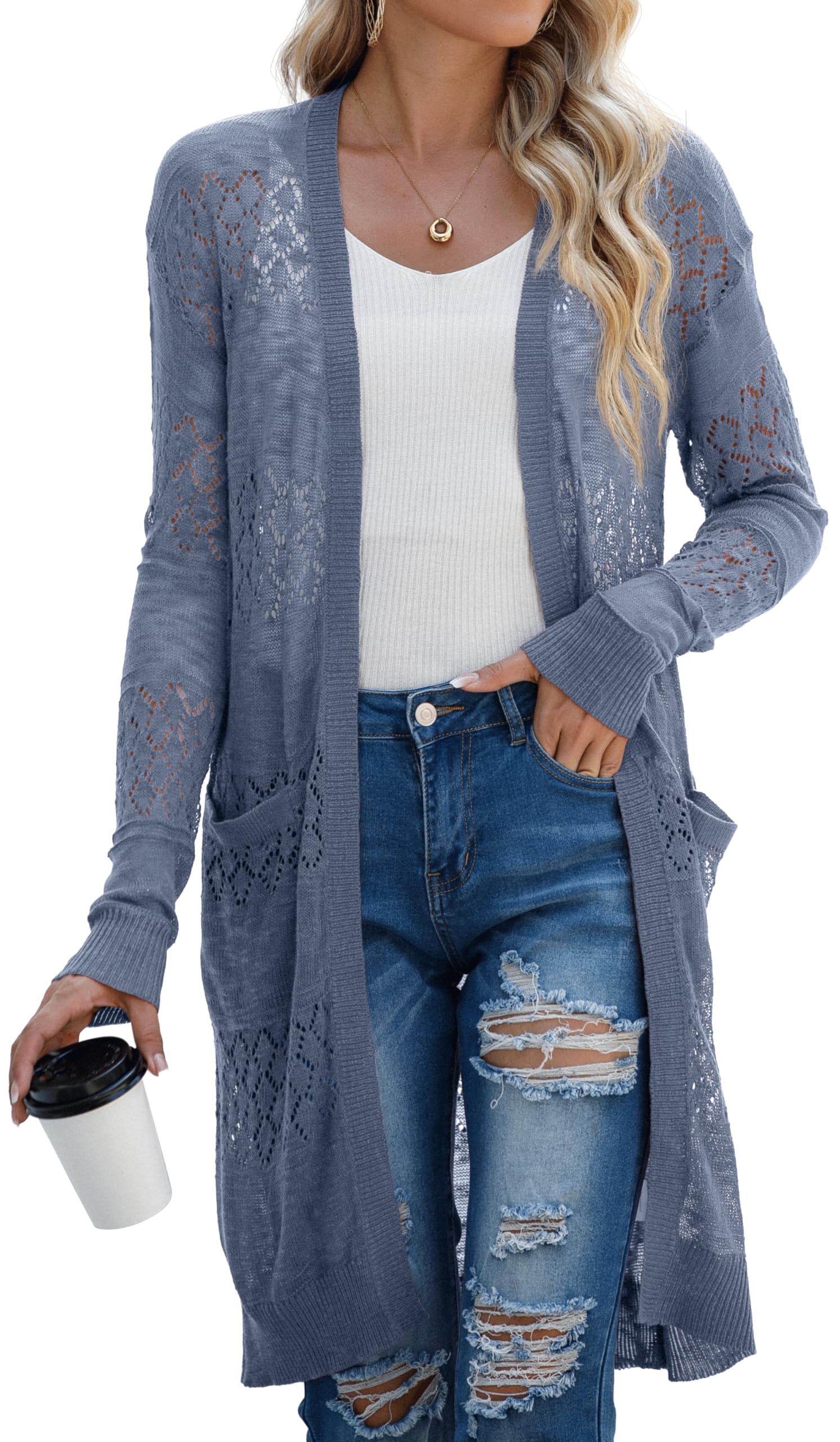 GRECERELLE Womens Lightweight Longer Length Cardigan Long Sleeve Casual Crochet Open-Front Sweater with Pockets