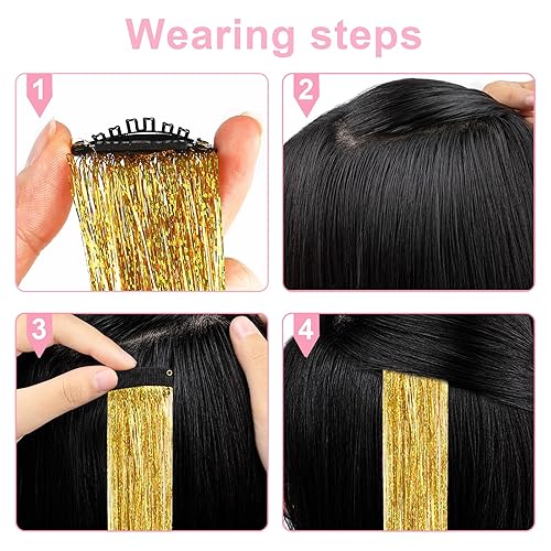 Miniatura 3 de LOMIMOS 12 clips de oropel de pelo coloridos, mechón de extensión sintético brillante brillante con clip en el cabello para fiesta, deslumbrante,