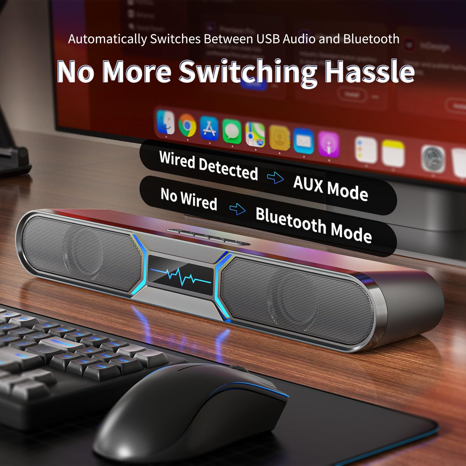 Altoparlanti per computer per PC desktop, soundbar Bluetooth per PC con doppio bass reflex per monitor, altoparlanti da gioco RGB alimentati tramite USB con ingresso cablato, suono stereo per laptop