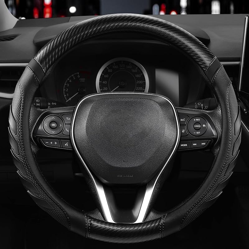 West Llama Carbon Fiber Leather Steering Wheel Cover with Anti-Slip Grip, 3D Textured Design, 14.5-15 Inch Car Steering Wheel Cover, Durable Interior Accessory（Standard Size-Black