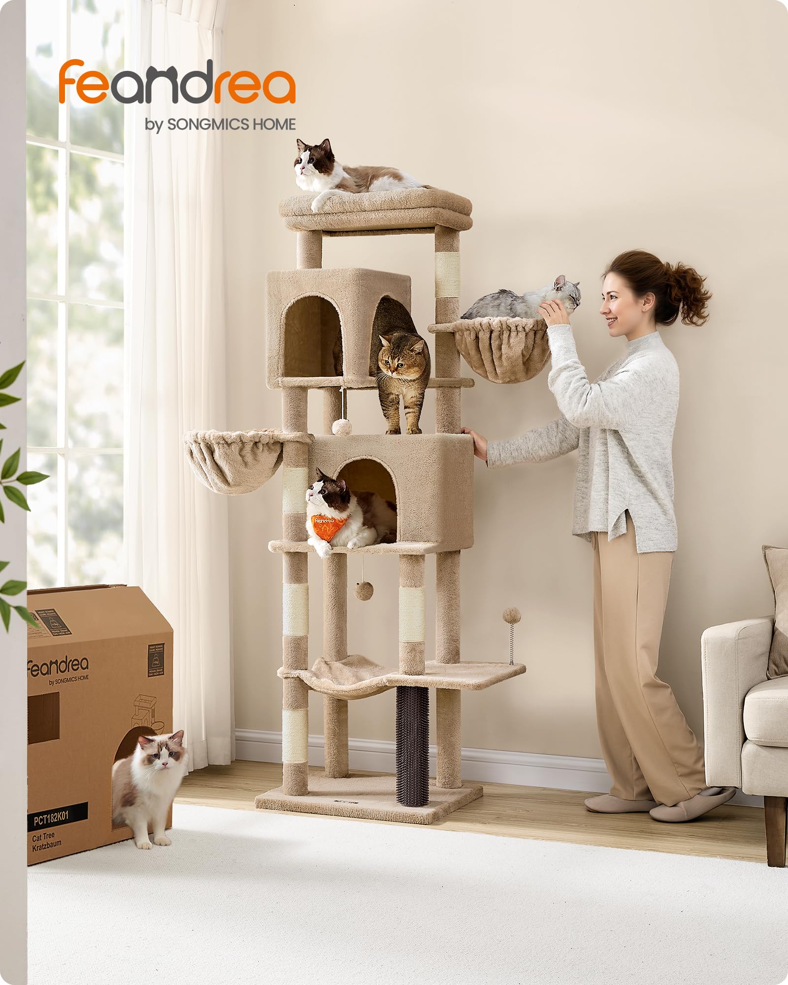 Feandrea Grand Arbre à Chat, Tour à Chat de 175 cm de Haut, Multi-Niveaux, avec 2 Niches, 2 Paniers, 5 Griffoirs, Toilettage Autonome, Perchoir, Hamac, Marron Camel PCT182K01