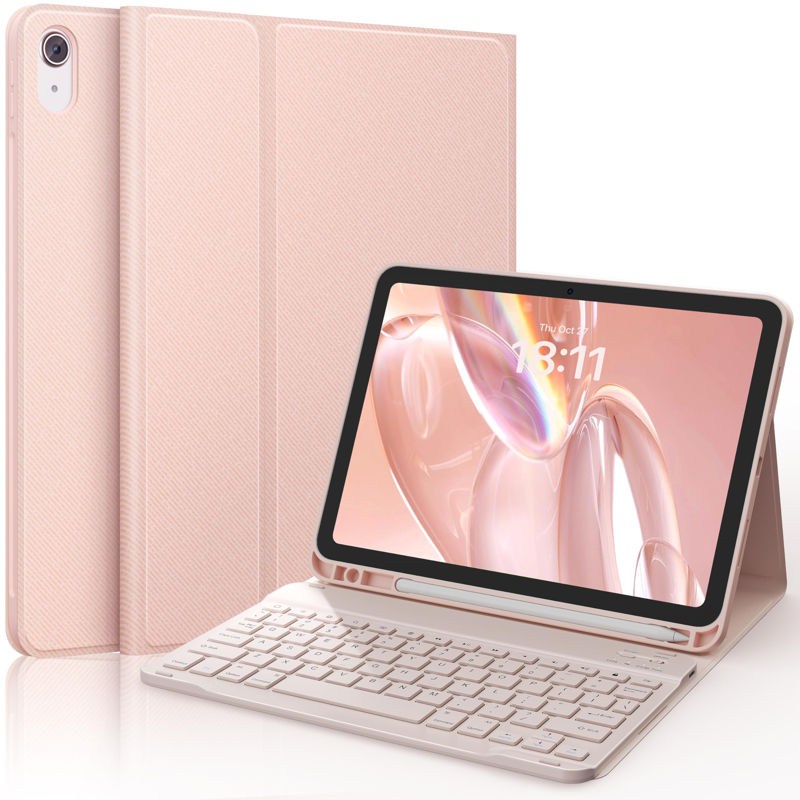 CHESONA Keyboard Case for iPad 10th Generation 10.9-inch 2022, Detachable Bluetooth Keyboard, Stand Folio Keyboard Cover with Pencil Holder, Rechargeable Keyboard for iPad 10th Gen (Pale Pink)