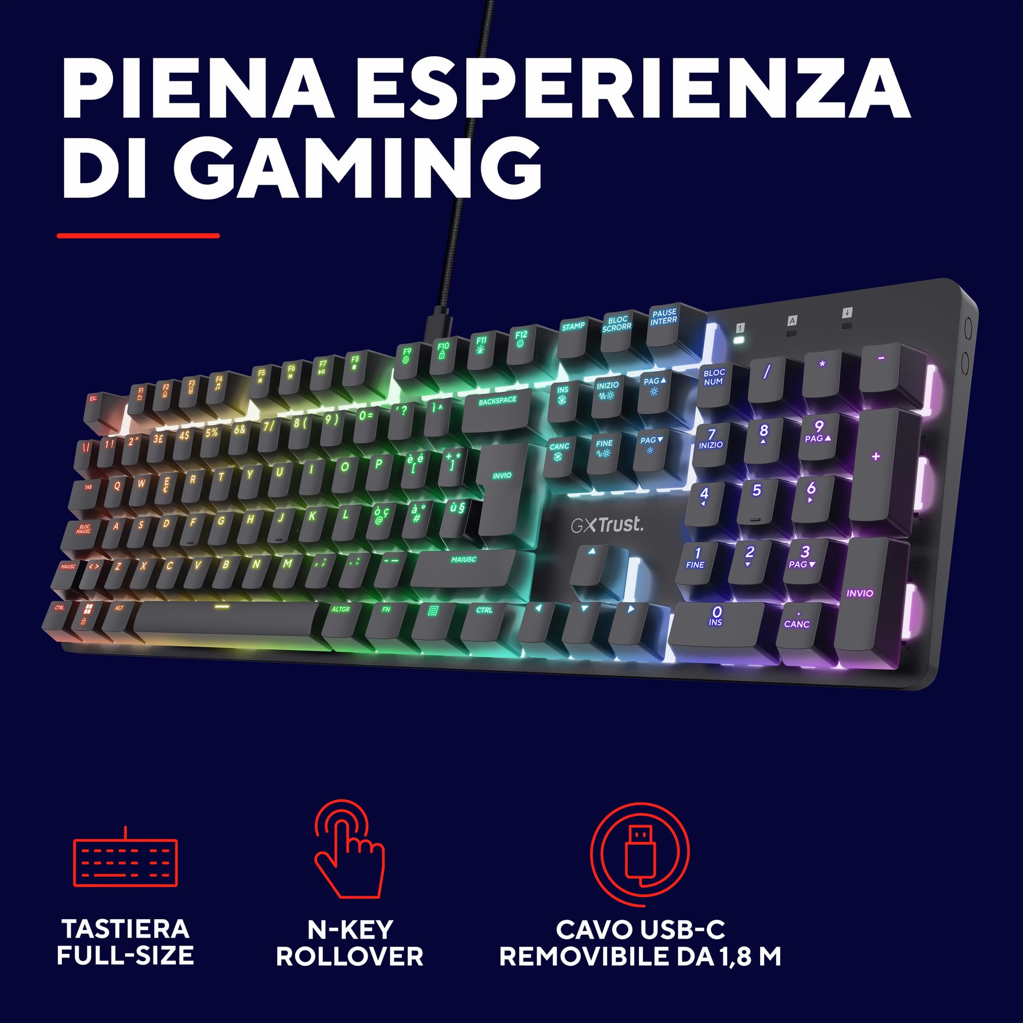 Trust Gaming GXT 871 Zora Tastiera Meccanica 100% Layout Italiano QWERTY Retroilluminata RGB, Tasti Huano Lineari, Anti-Ghosting con N-Key Rollover, Tastiera Gaming con Filo USB, PC, Laptop, Nero