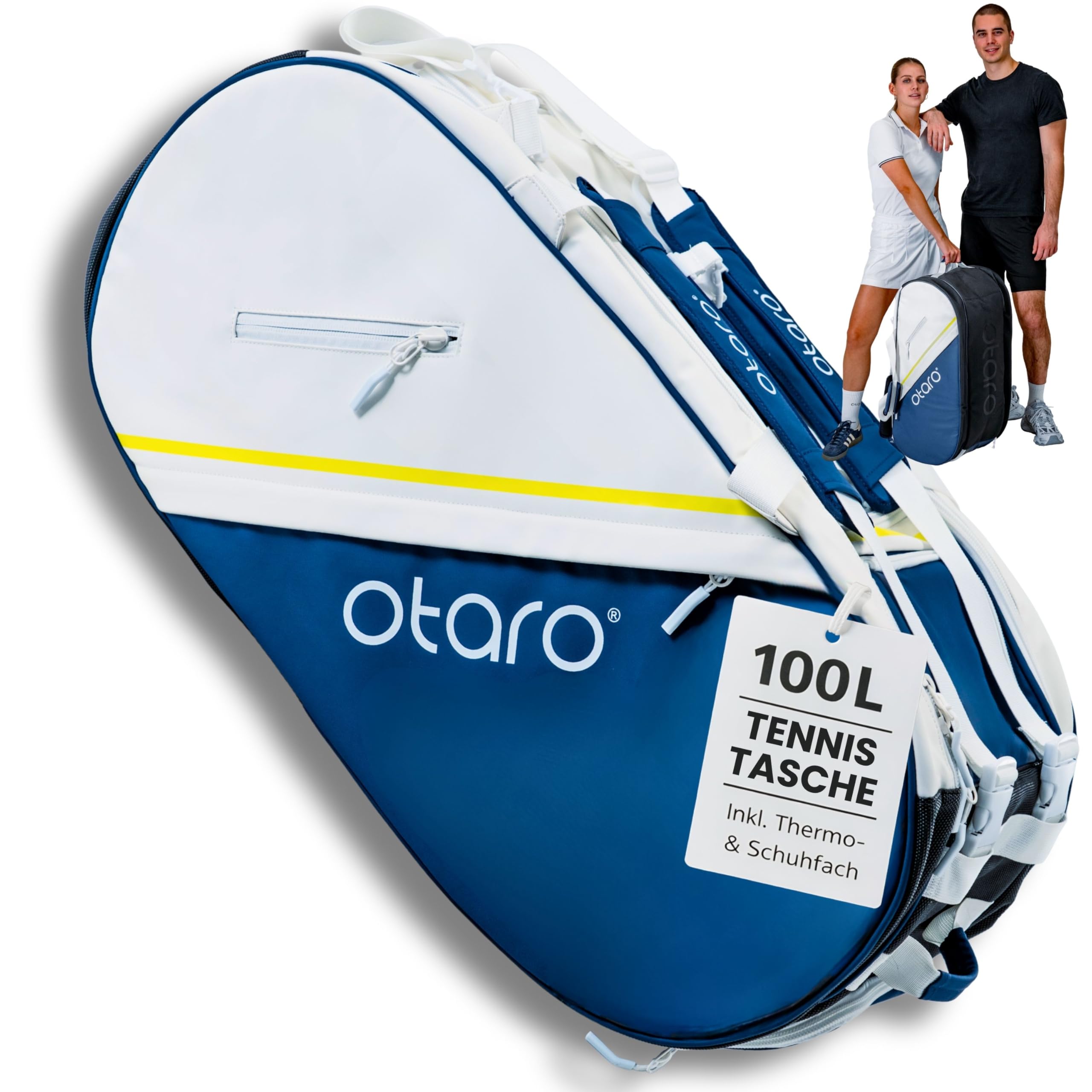 Otaro Tennistasche 100L für 6 Schläger | 2 Thermofächer, Schuhfach, Kühlfach & Laptopfach | Tennisrucksack mit 4-in-1 Tragesystem | Wasserabweisende Tennis Tasche für Training & Turnier