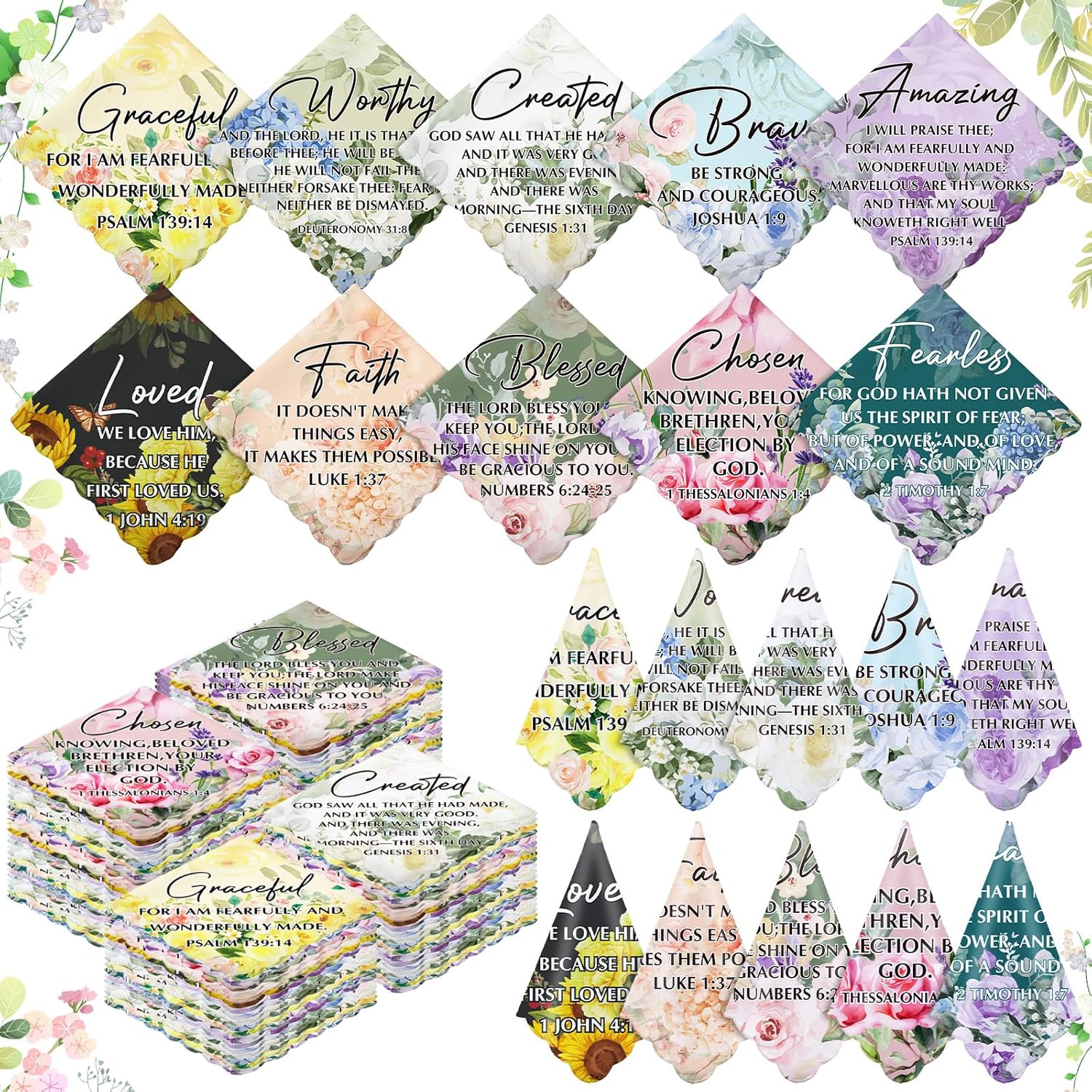 Tegeme 60 Pcs Church Gifts Bulk Handkerchiefs for Women Prayer Cloth Christian Handkerchiefs Bible Verse Gift