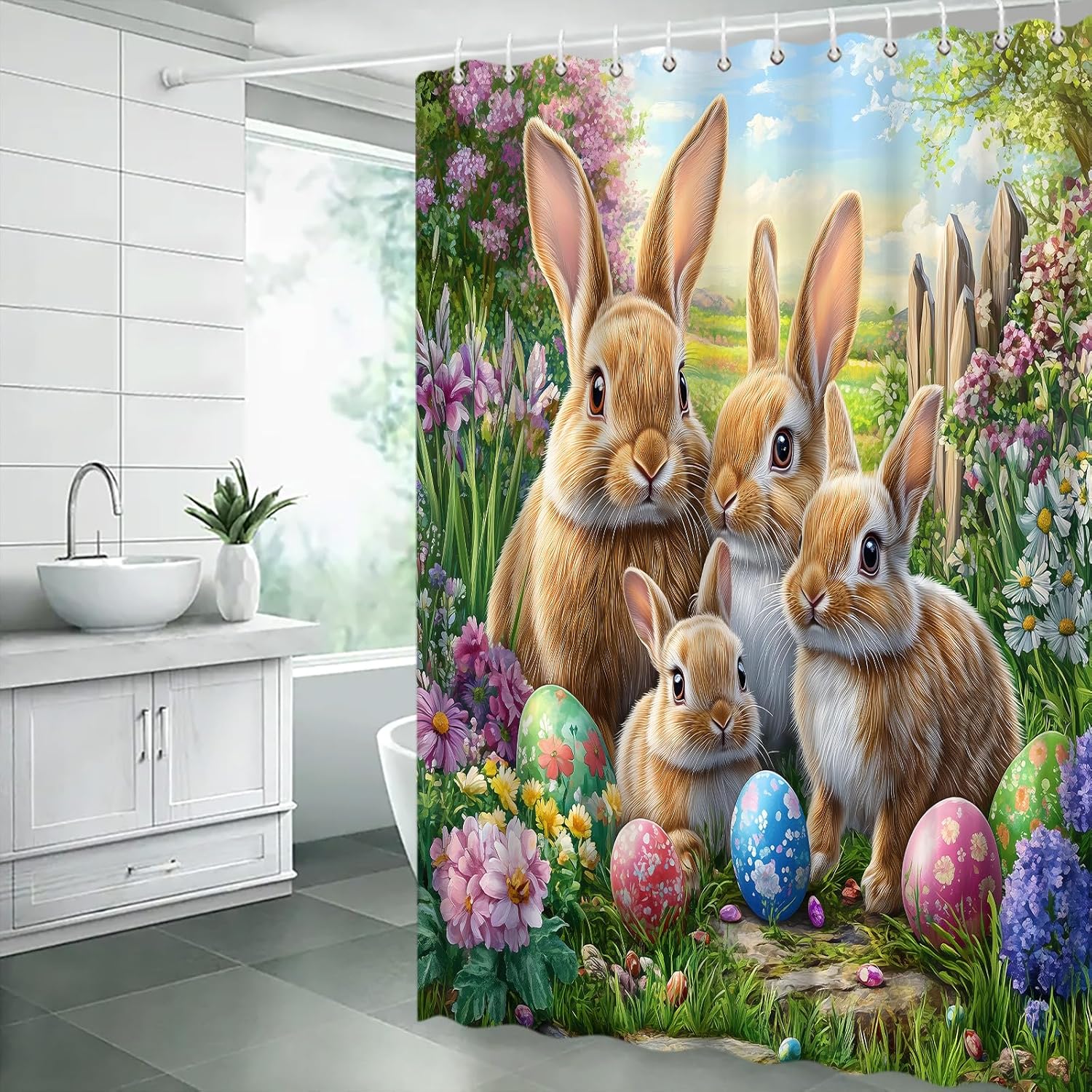 GCTNBJL Easter Shower Curtain Bunny Egg Rabbit Flower Floral Nature Spring Green Brown Purple Extra Long Bathroom Home Curtain with Hooks,70x84 Inch