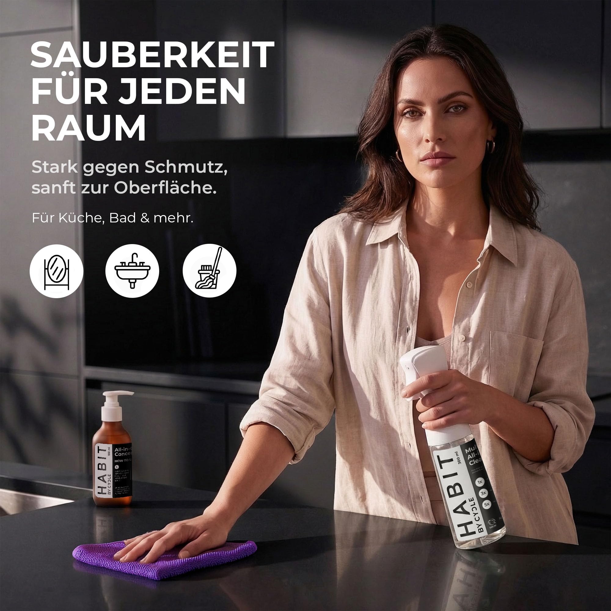 Cycle HABIT All-in-One Reinigungsmittel Konzentrat 100 ml – Wiederverwendbarer Sprüher 300 ml – Allzweckreiniger, Universalreiniger & Bodenreiniger – Umweltfreundlich Bad, Küche & Glas – Geruchslos