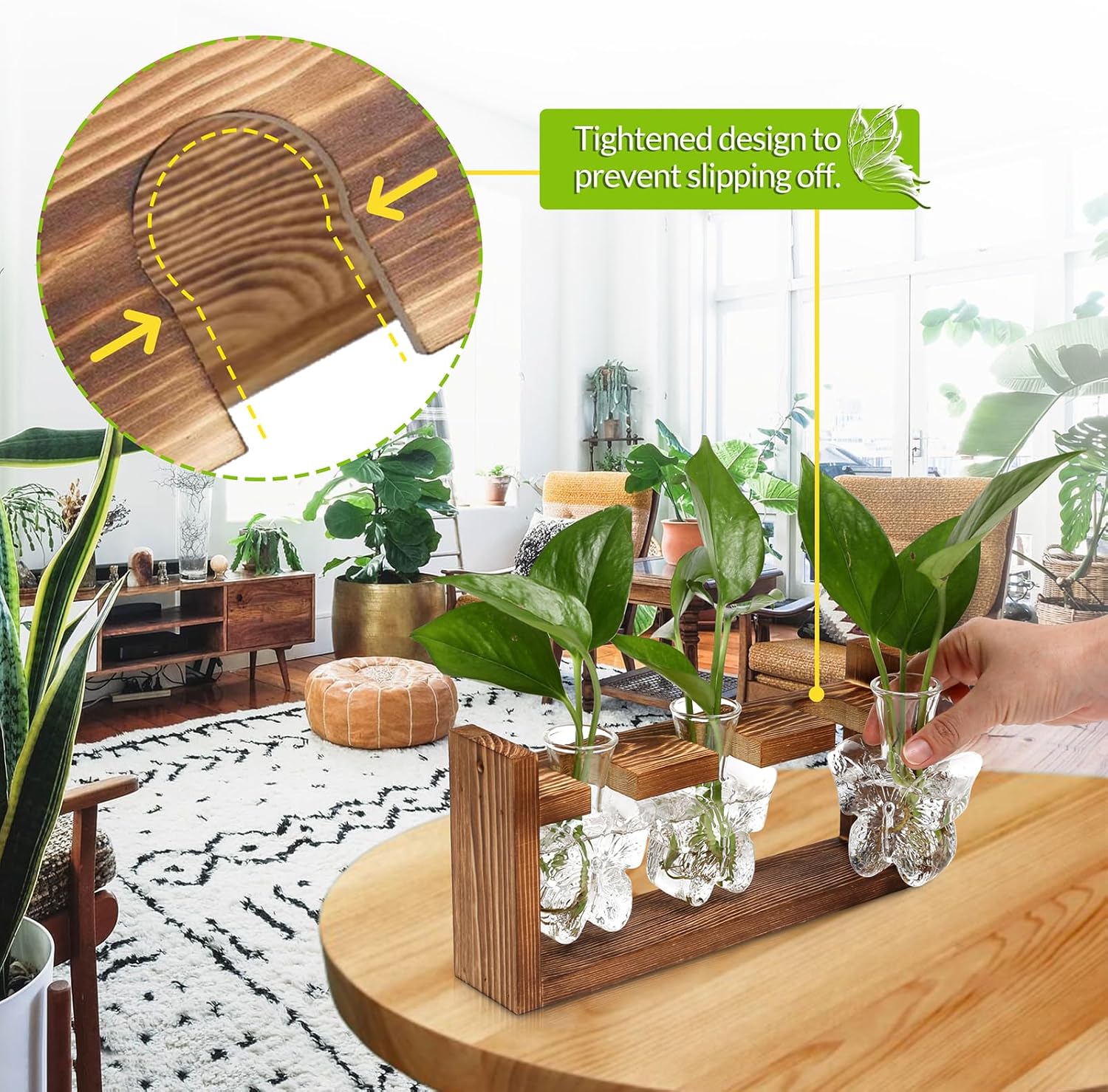 Glass Plant Propagation Station Butterfly Planter Vase with Wooden Stand Birthday Gifts for Women Mom Plant Lovers Office Home Decoration - Image 4