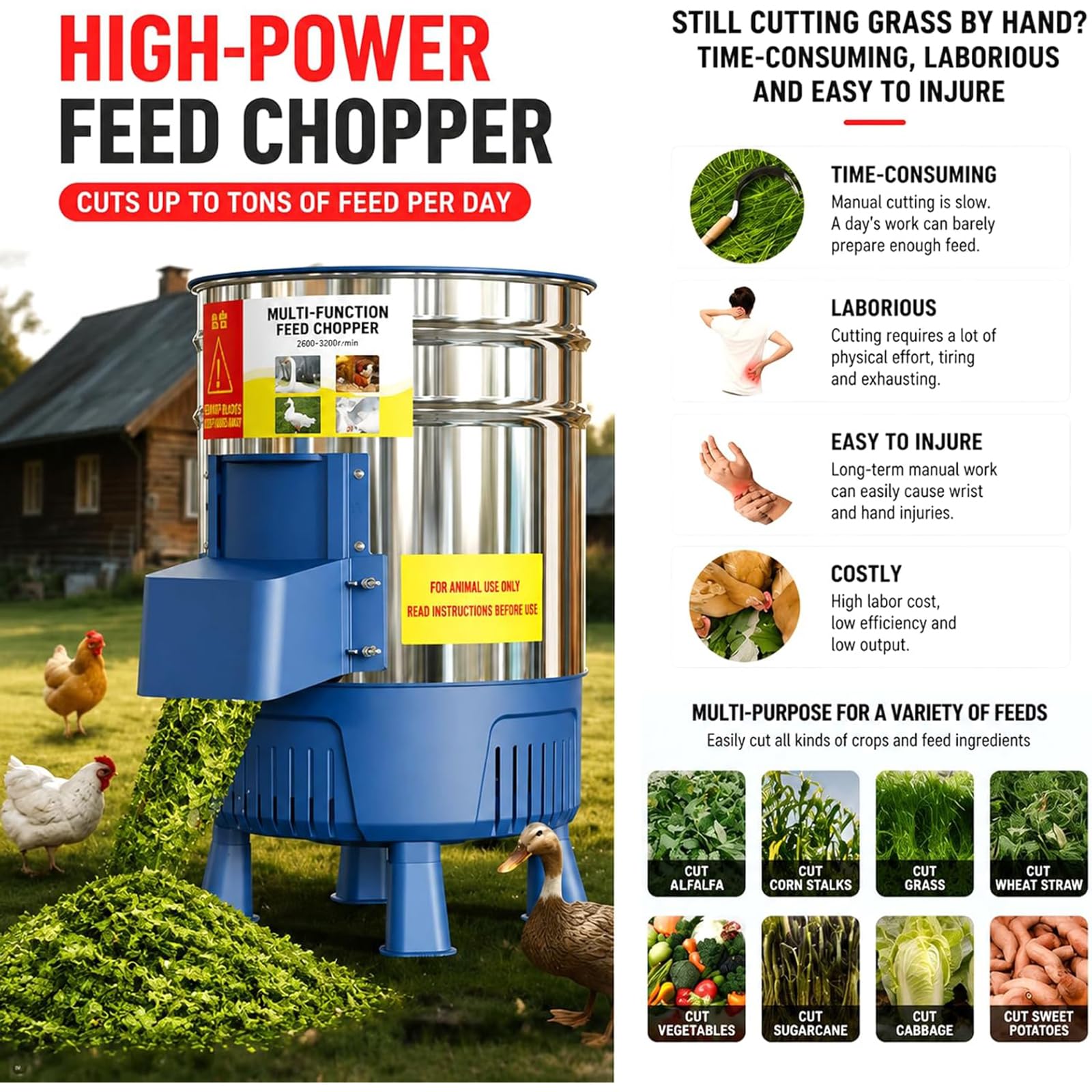 Picadora Eléctrica Comercial De Piensos, Procesadora De Piensos para Ganado De Acero Inoxidable De 1800 W, Cortadora De Verduras Y Trituradora De Paja.