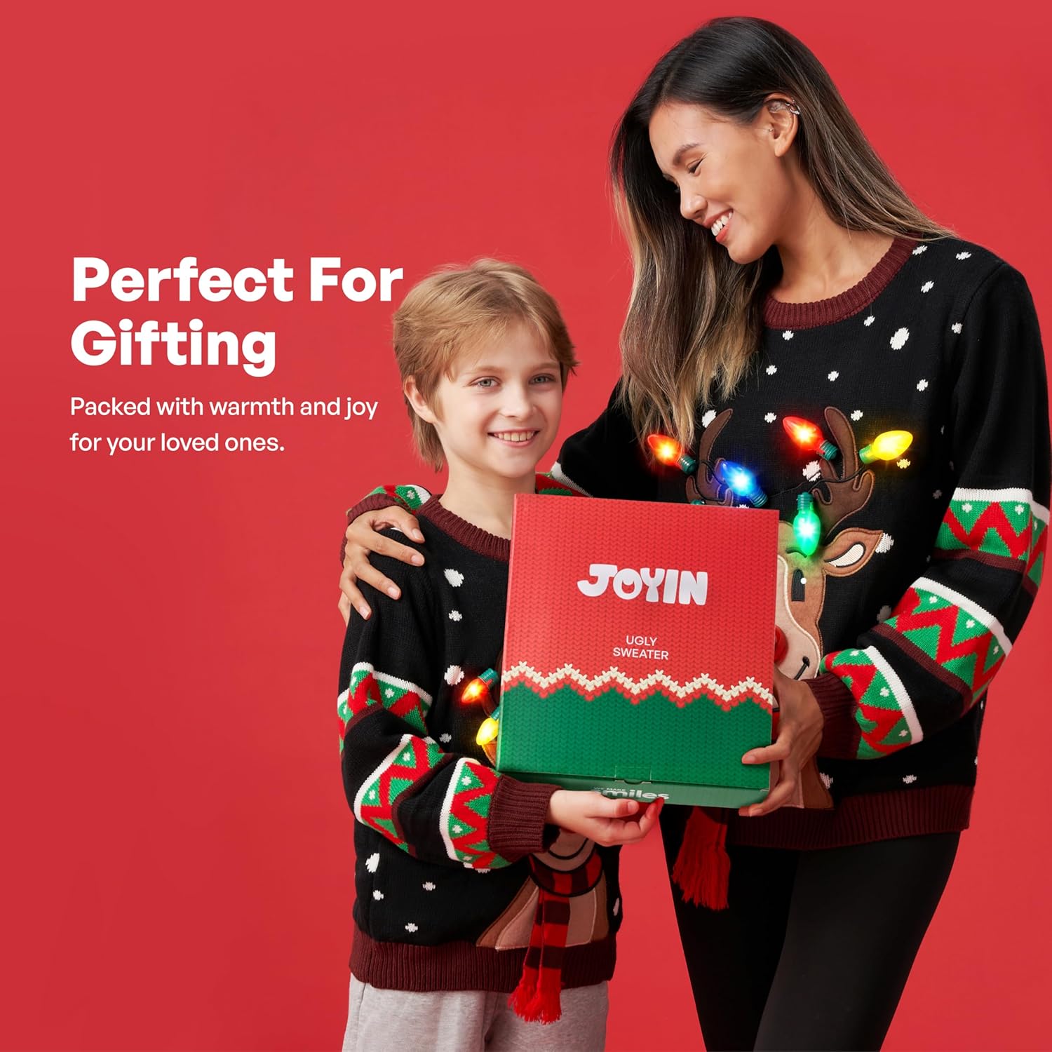 JOYIN Ugly Christmas Sweater Women Men Couples, LED Light Up Ugly Christmas Sweater Kids 2025 Reindeer(Black - Image 6