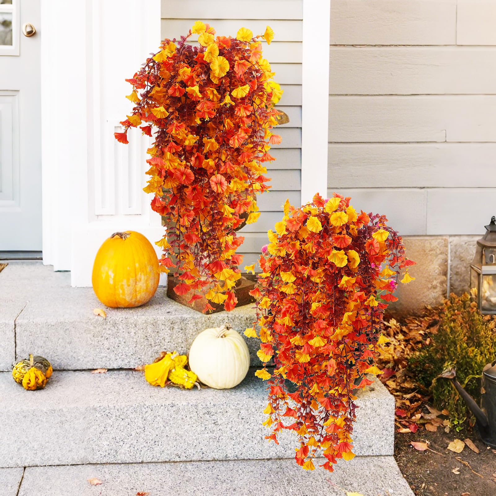 Fanfantoey Fiori artificiali autunnali per decorazione esterna e interna, 5 pezzi, resistenti ai raggi UV, fiori finti da appendere, sembrano vere piante rampicanti lunghe in finta seta, petunie per