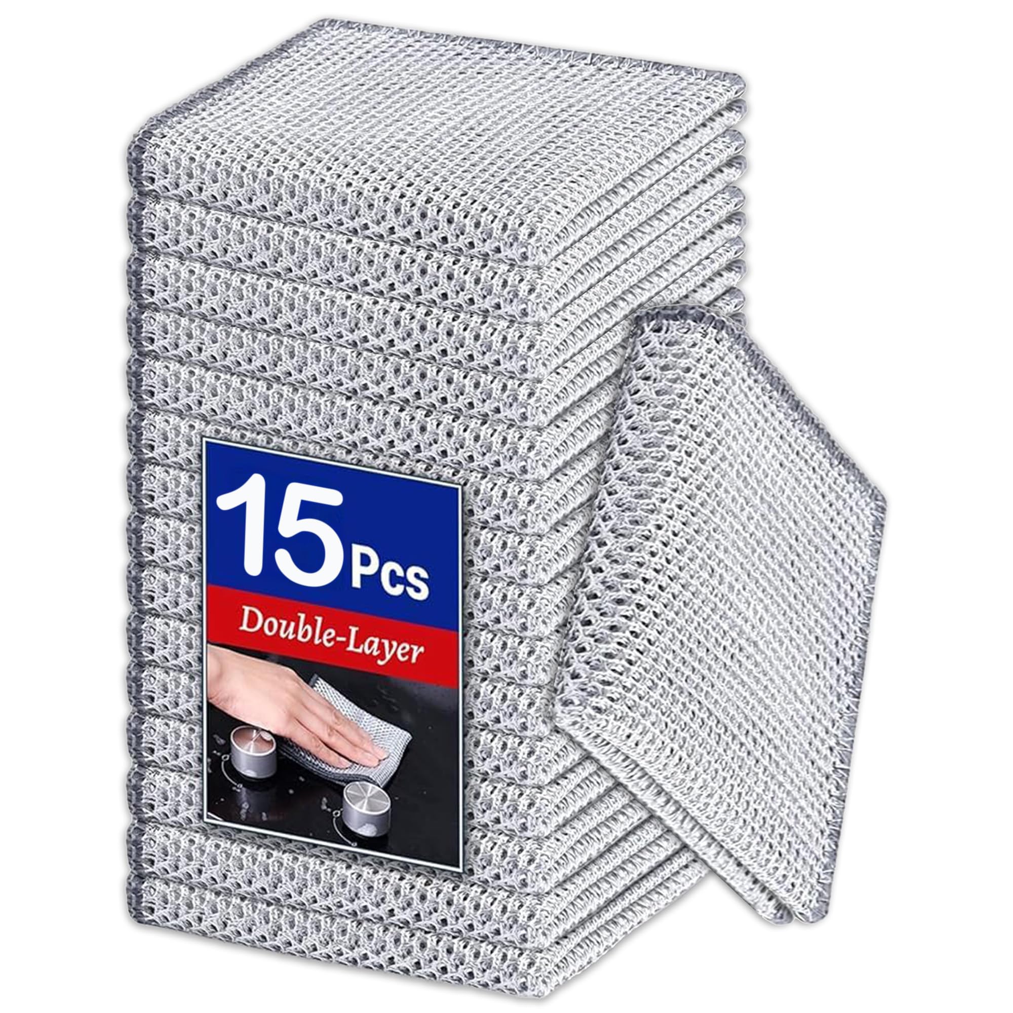 VIZAG Wire Dishwashing Rag for Wet and Dry, Non Scratch Wire Dishcloth, Double Stainless Steel Scrubber, Multipurpose Wire Dishwashing Rags for Cookware, Sinks, Dishes, (15)