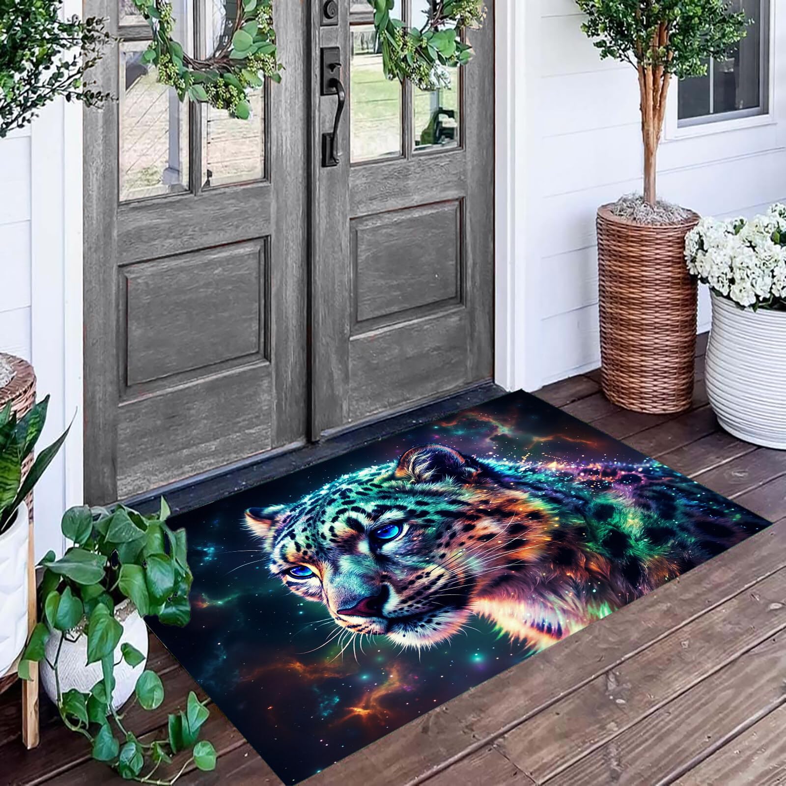 Tapete Azul Hermoso Leopardo De Las Nieves Puerta Felpudo De Entrada Exterior Atrapar Suciedad Alfombra Animales Fantásticos para Interior Jardines Cocina Pasillo Trasera Delantera,80X120Cm
