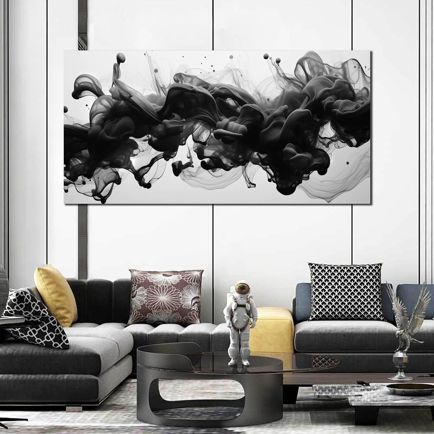Abstract Black Wall Art for Living Room, Neutral Black and White Canvas Decorative-Picture for Home Bedroom Office, Contemporary Minimalist Printed Painting Artwork Wall-Decor, Large Size 59x29 Inches