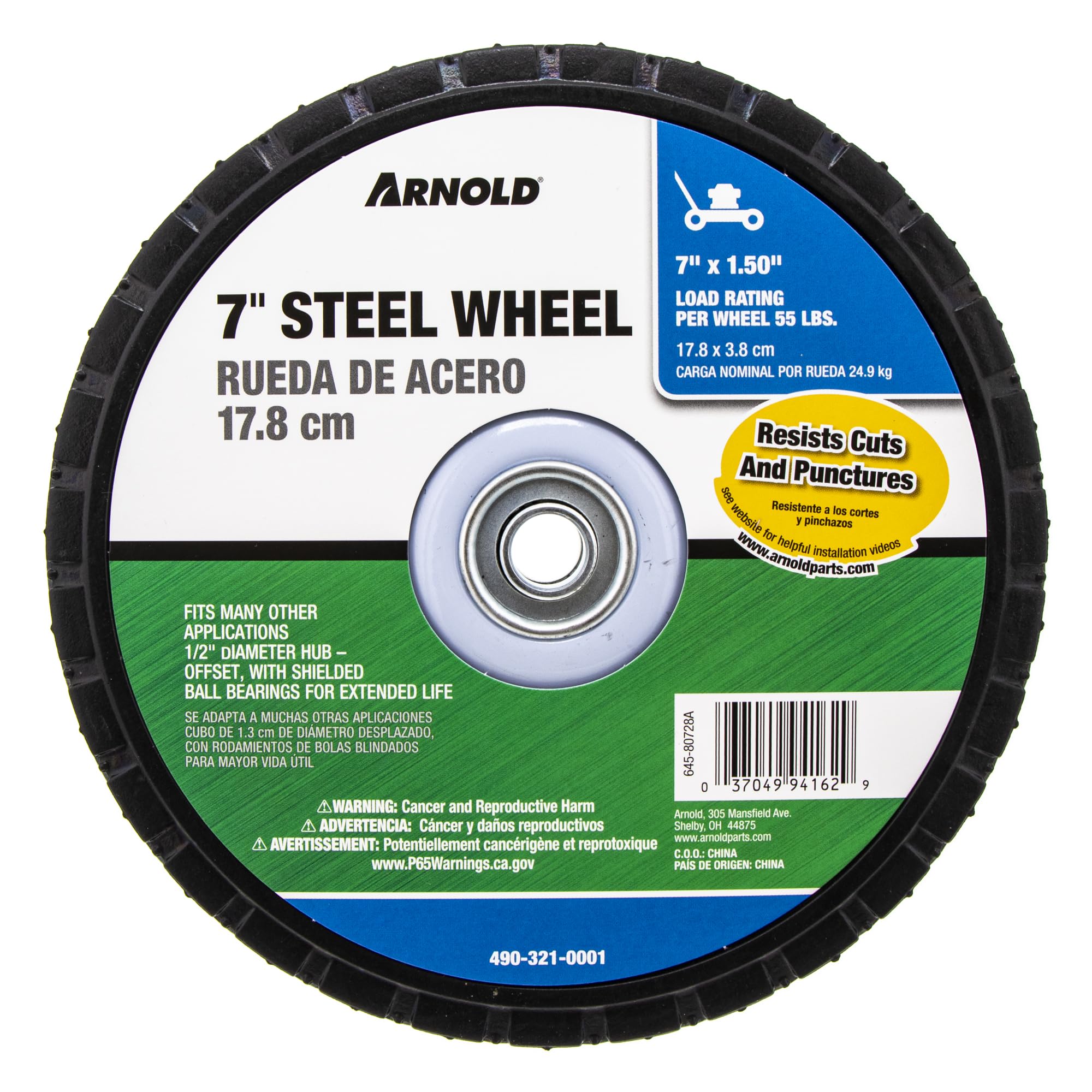 Arnold Steel Wheel with 55 lb. Load-Rating - 7-Inch x 1.5-Inch