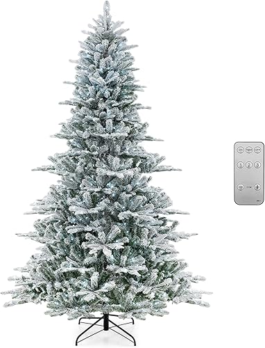 Miniatura 17 de Goplus - Árbol de Navidad artificial de 8 pies con nieve flocada, preiluminado, con bisagras, con 650 luces LED, soporte de metal plegable y 1502