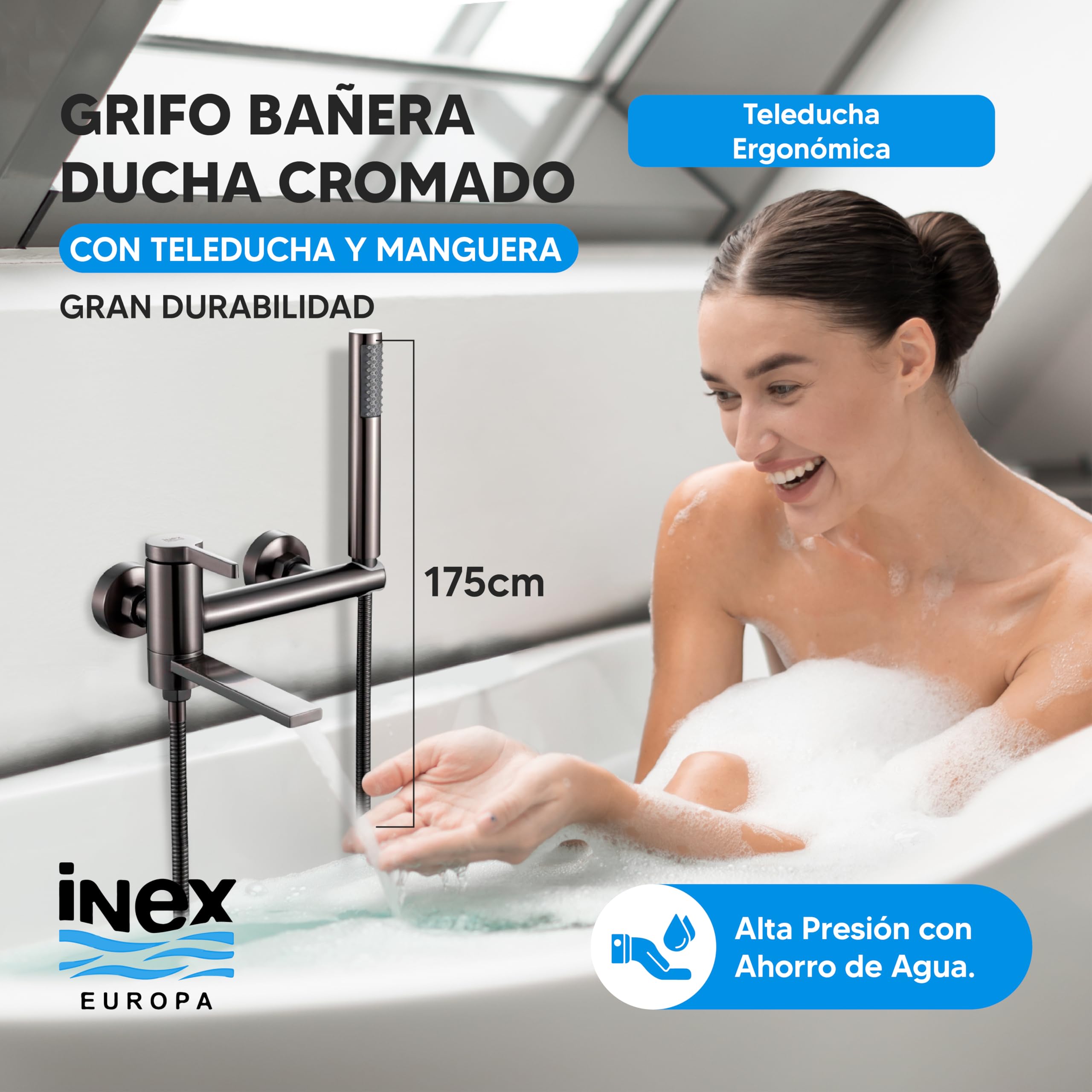 INEX EUROPA Grifo Bañera Ducha de Acero Inoxidable - Grifo de Baño con Teléfono de Mano y Manguera 175cm - Grifo Monomando Alta Presión Ahorro de Agua - Instalación Fácil y Ajustable (Gris)