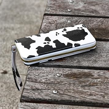 Cow Print PU Leather Wallet Zip Around Cash Coin Card Phone Holder Women Girls Wallet Long Wristlet Purse Clutch Handbag