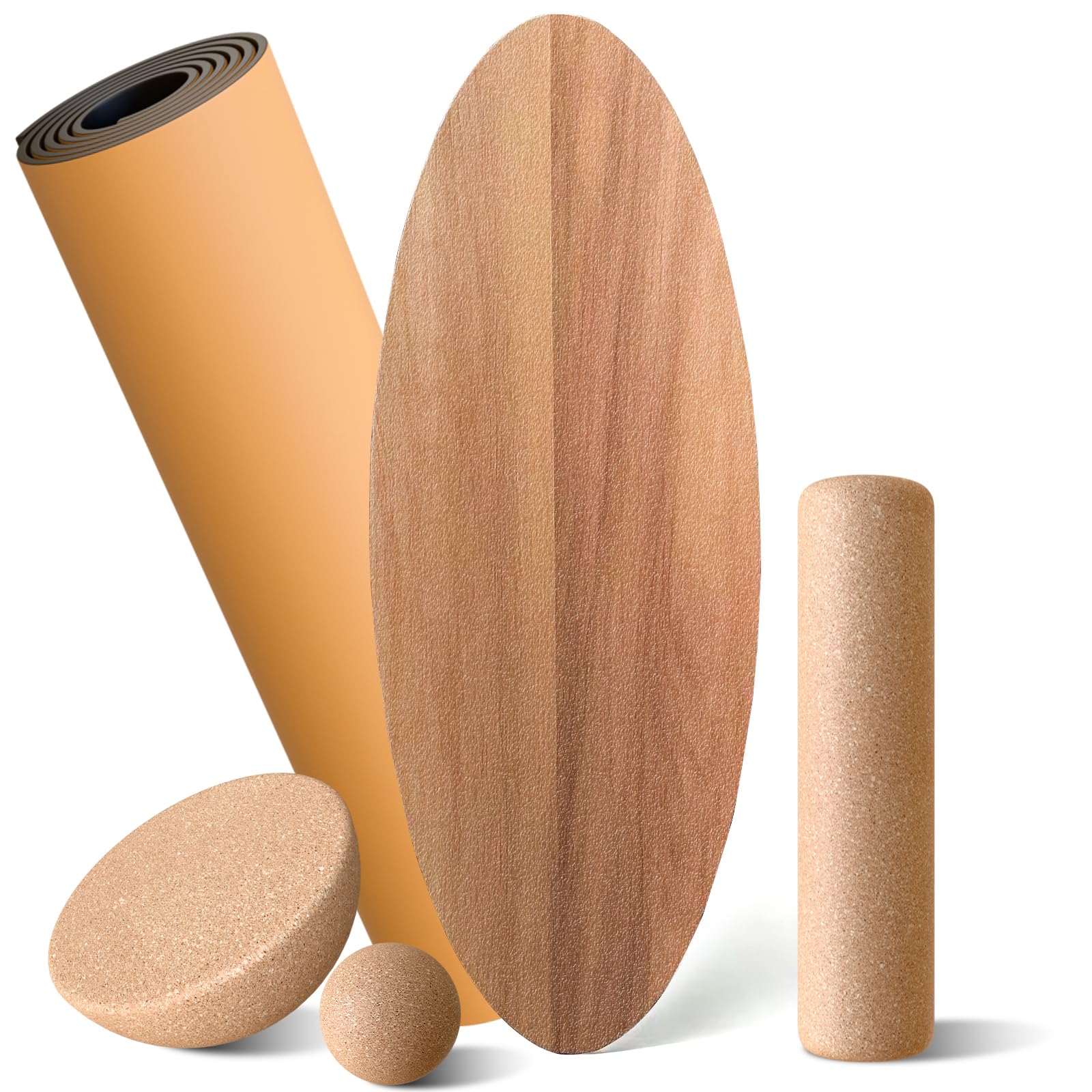 Wood Balance Board for Adults - Rocker Shape Design with Non-Slip Surface, Including Cork Roller, Half Ball, Balance Ball, and Mat - Balance Trainer