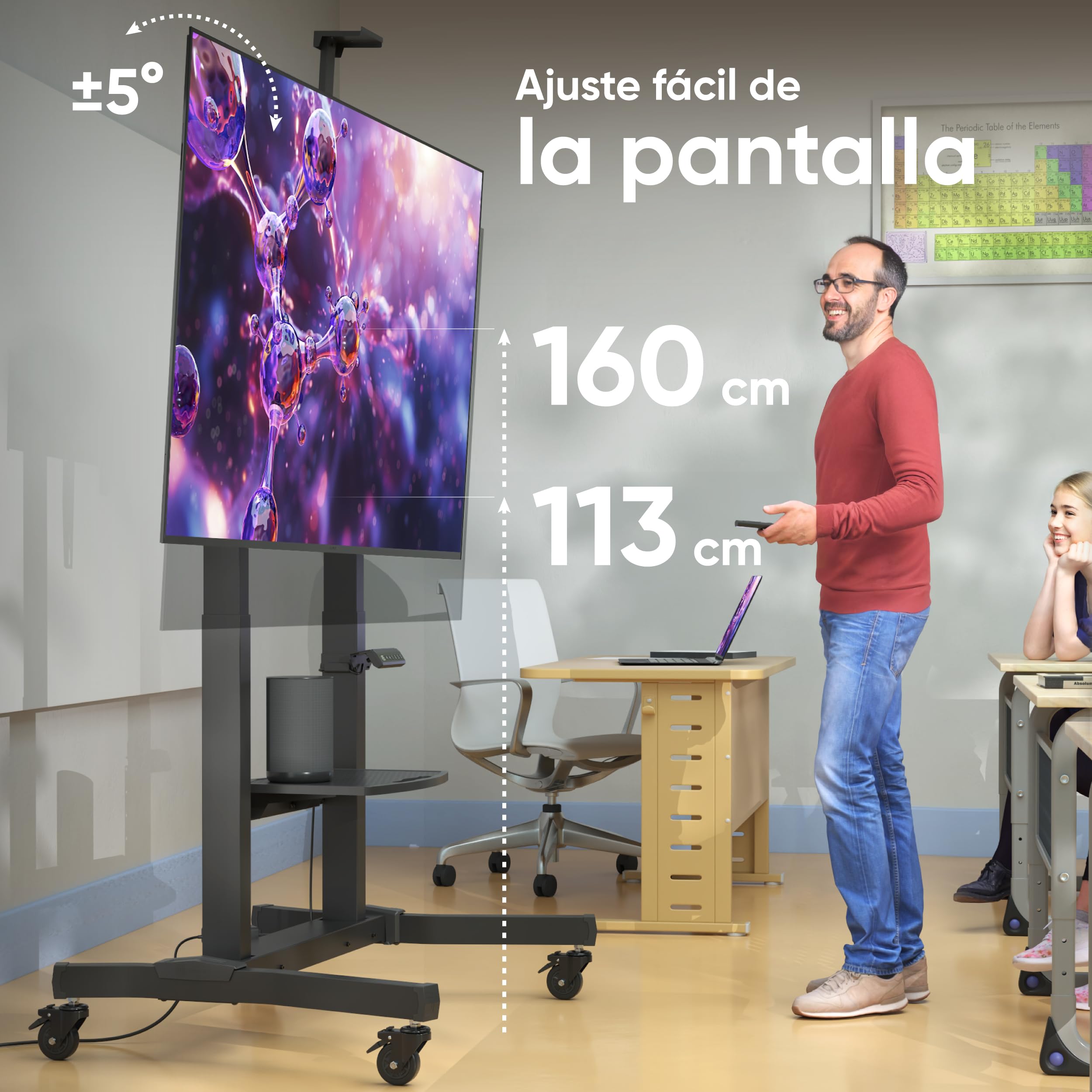 ONKRON Soporte TV Motorizado 50"-100", 120 kg, máx VESA 1000x600, TS1991E-B | Carro TV eléctrico negro, altura 1130-1600 mm, para TV 120 kg y paneles táctiles 80 kg, con mando; para aulas y salas