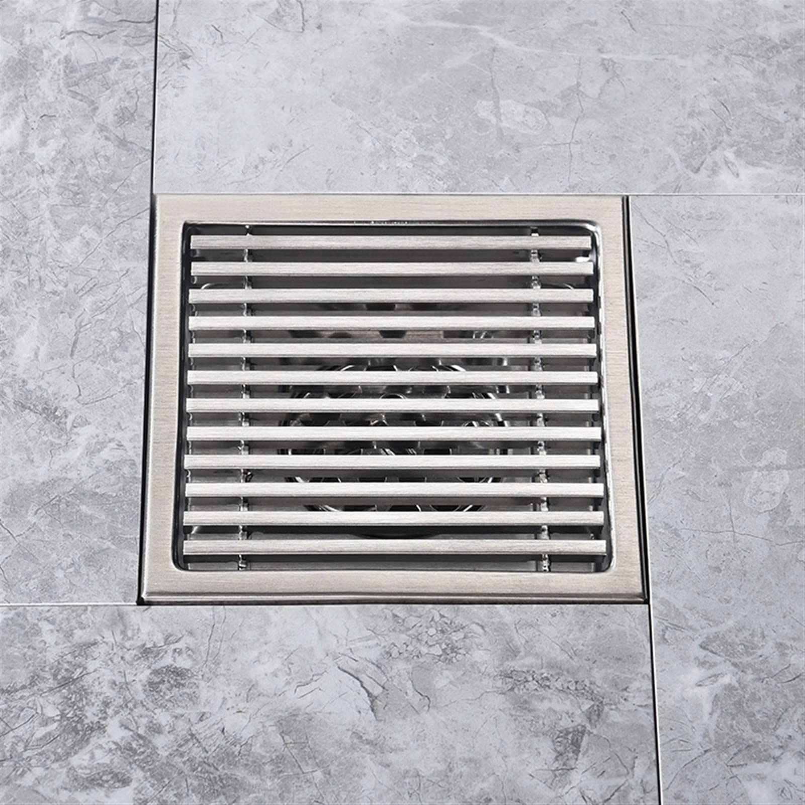 SUS304 Égouttoir de douche carré avec filtre à cheveux amovible 15,2 cm Égouttoir de sol pour cuisine, salle de bain, garage et sous-sol, finition blanche brossée