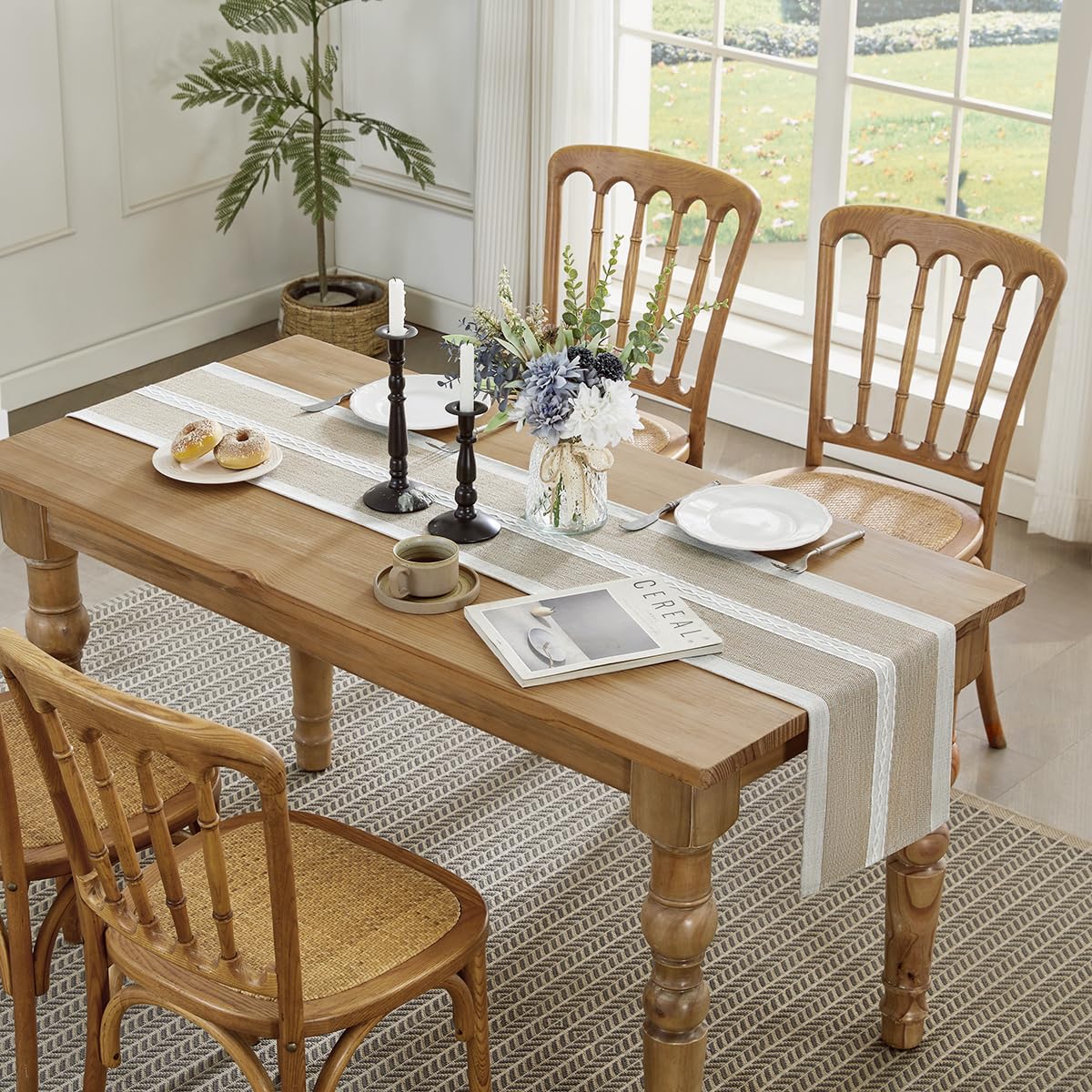 Wracra Runner da tavola in Lino e Cotone con Ricamo, Runner da Tavolo caffè da Esterno per Interni in Stile casalingo 275cm per Decorazioni di Cucina per Sala da Pranzo di Partito