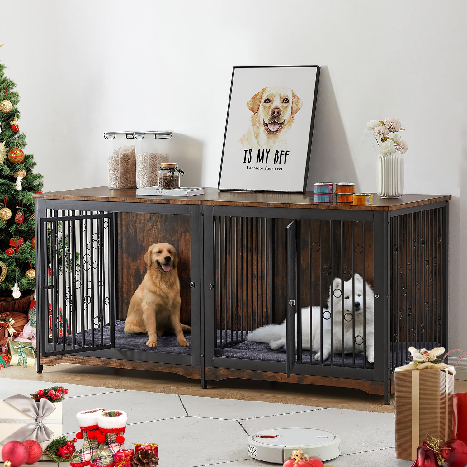 Lyromix 71'' Dog Crate Furniture for 2 Large Medium Dogs, XXL Wooden Indoor Double Crate Kennel Cage Large Breed with Door, TV Stand End Table with Divider, No Cushion,Brown