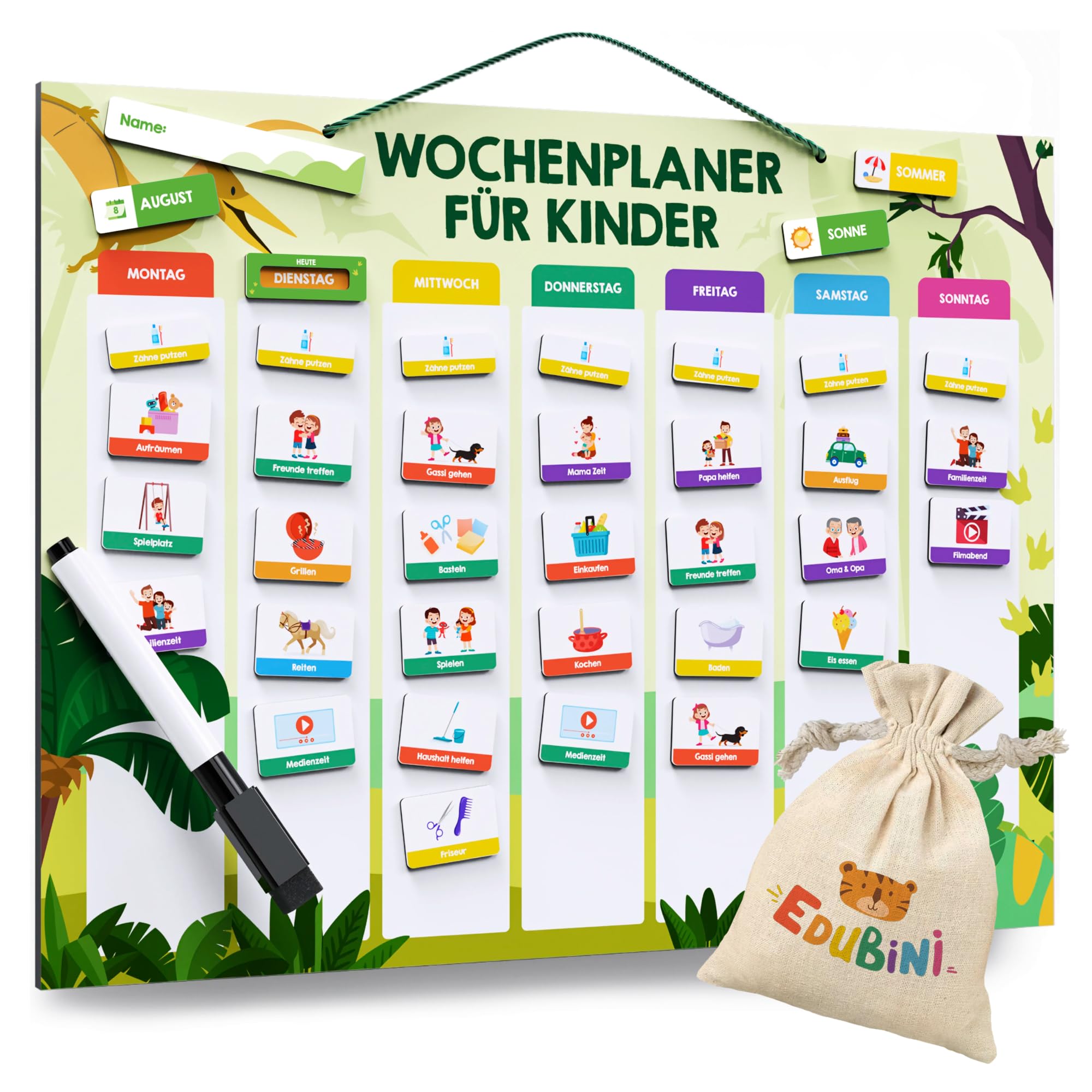 Edubini Wochenplaner Kinder - [223 Magnete + 150 Sticker] - Routine Planer Kinder für Struktur im Alltag - Montessori Magnettafel, Tagesplaner, Aufgabentafel, Belohnungstafel - (inkl. Tasche, Stift)