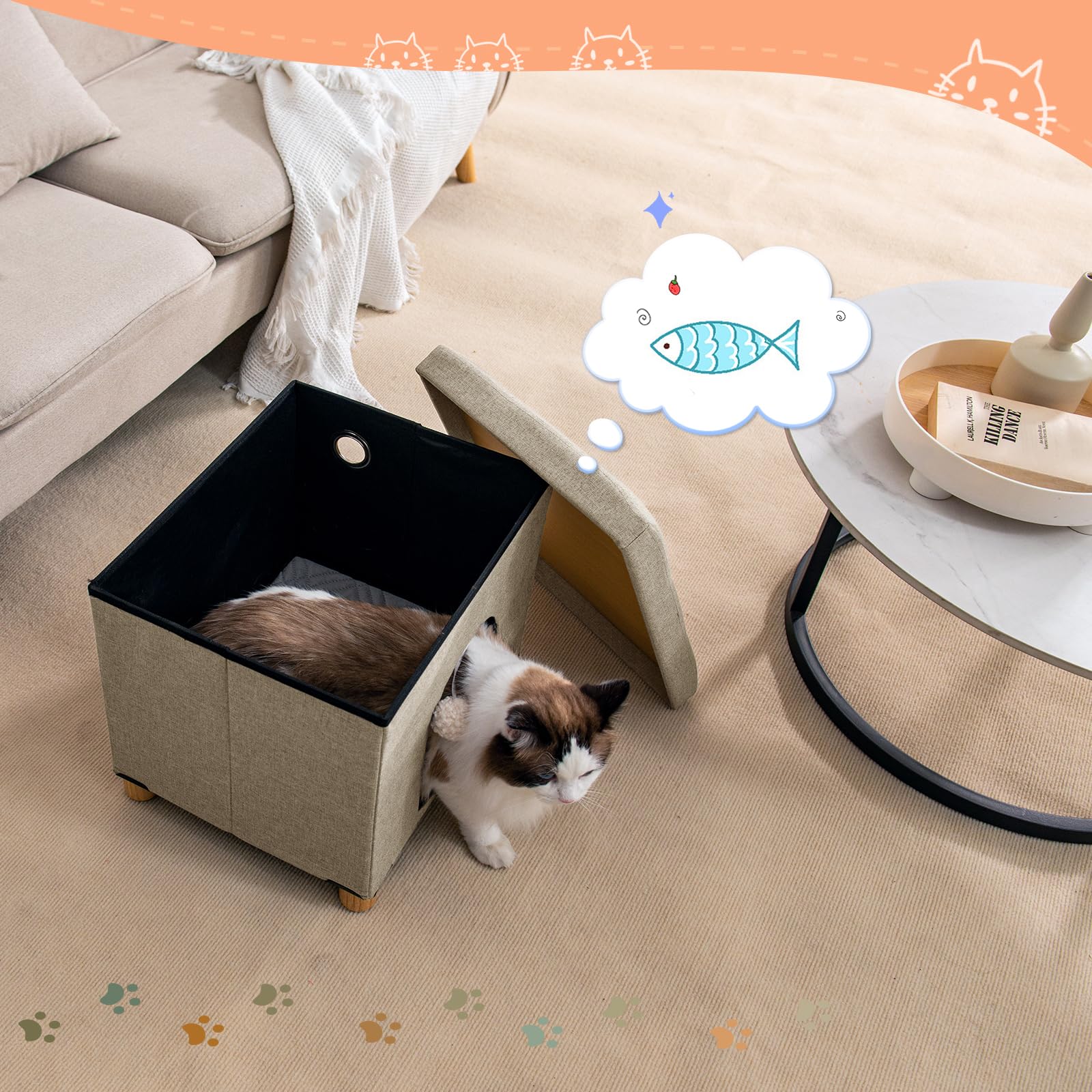 BRIAN & DANY Cuccia Gatto, Grotta Pieghevole per Gatti Interni, Casetta per Gatti con Tappetino Tiragraffi, Pallina Giocattolo, 37 x 31,8 x 36 cm, Cachi