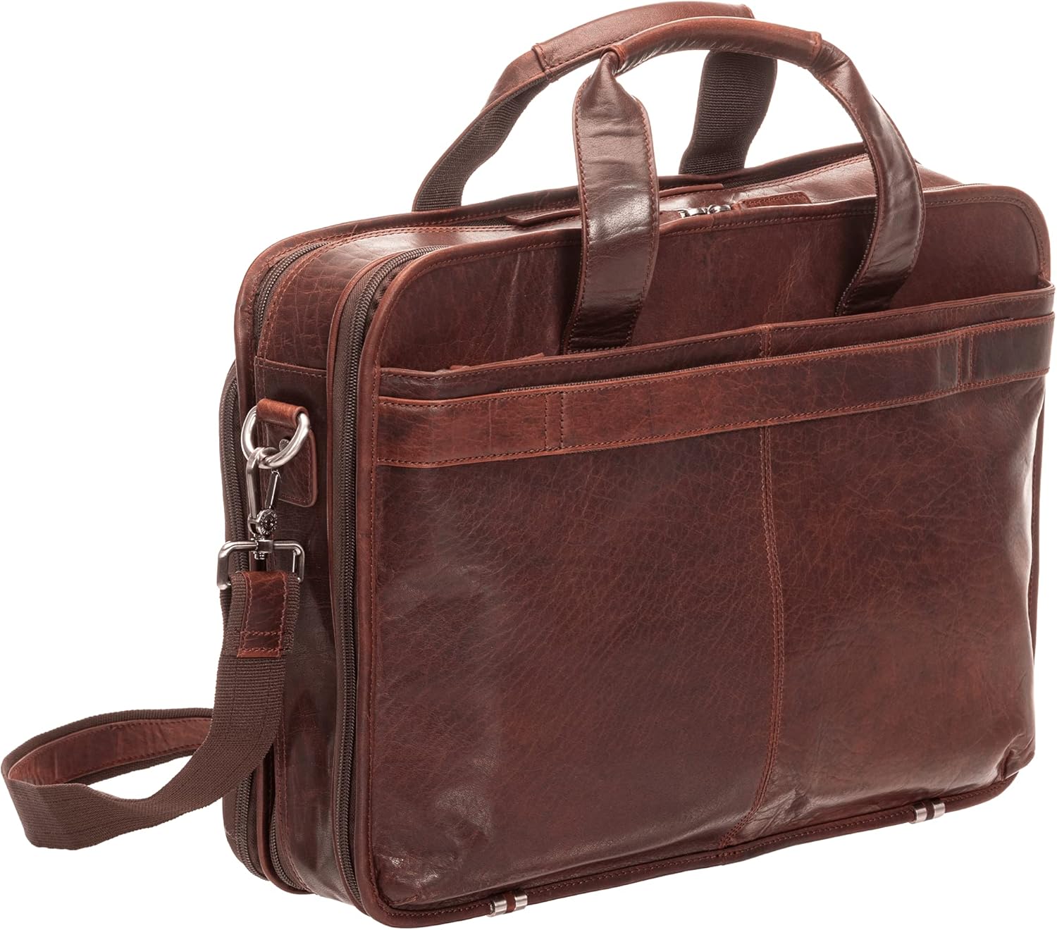 Mancini Buffalo Double Compartment Top Zipper 15.6” Laptop/Tablet Briefcase, Brown, Brown