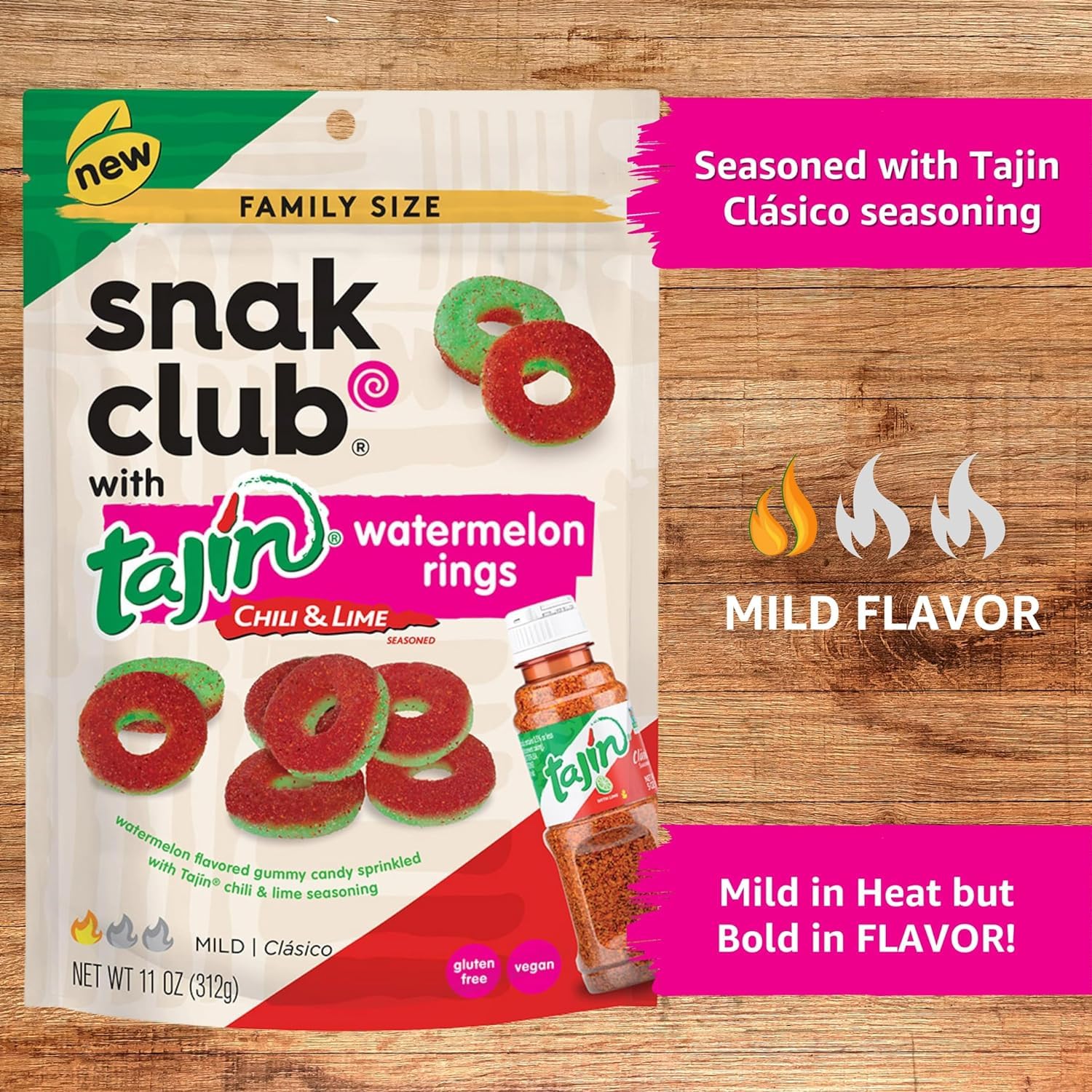 Snak Club Tajin Watermelon Rings, Chili & Lime Sweet Spicy Gummy Snacks, Mild in Heat Bold in Flavor, Gluten-Free Snack, 11oz Resealable Bag (Pack of 6)