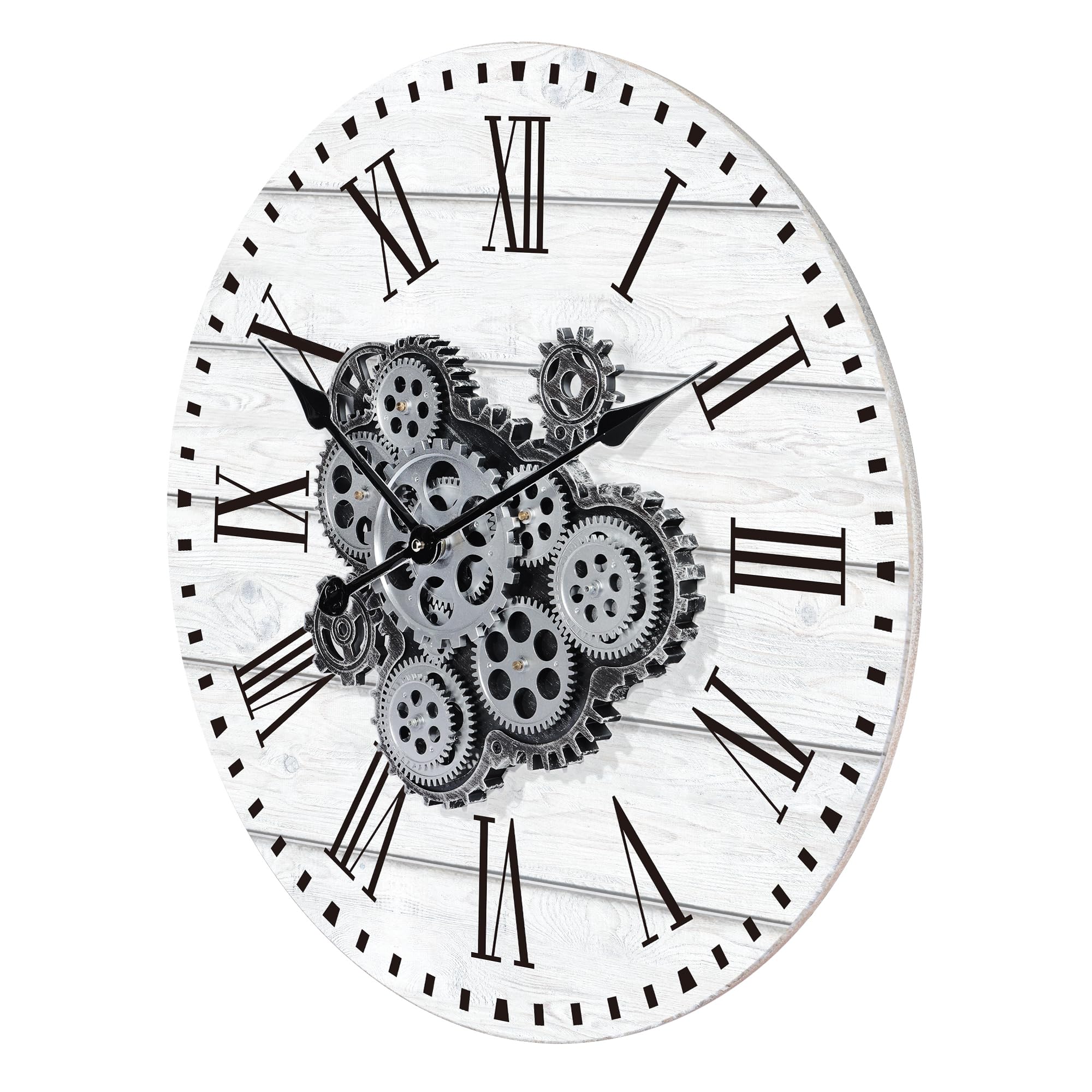 Horloge Murale Engrenages Mobiles Geante 57cm Industrielle Bois Vintage Blanc Pendule Murale Steampunk Chiffres Romains
