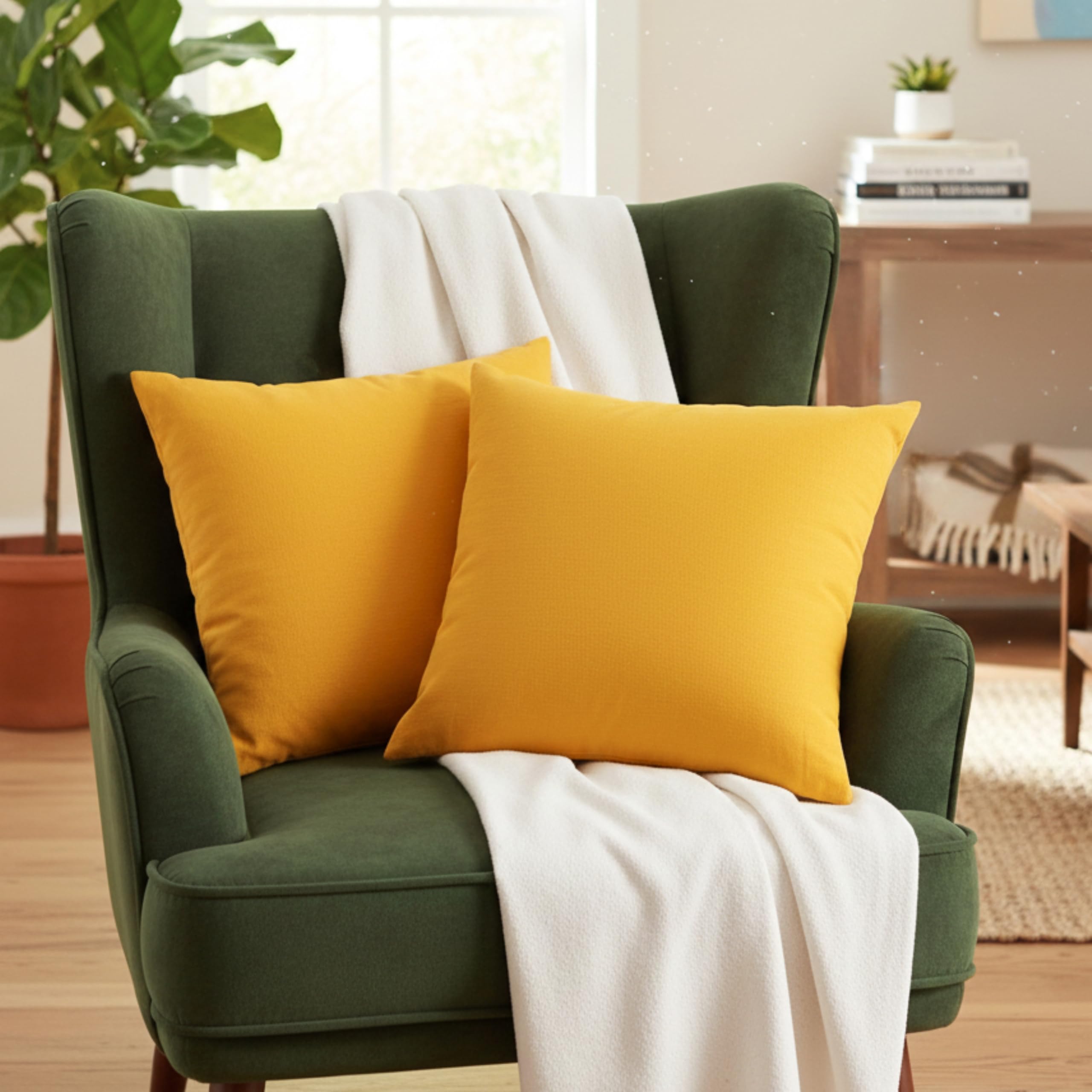 RELY+ Cotton Throw Pillow Covers 18x18 Inch Set of 2 Yellow Decorative Zippered Cases for Couch Bedroom Sofa Farmhouse Living Room Decoration Gifts